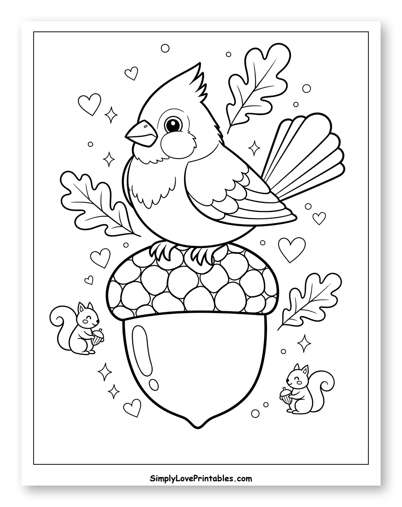Adorable Cardinal on Acorn with Squirrels Coloring Sheet for Adults