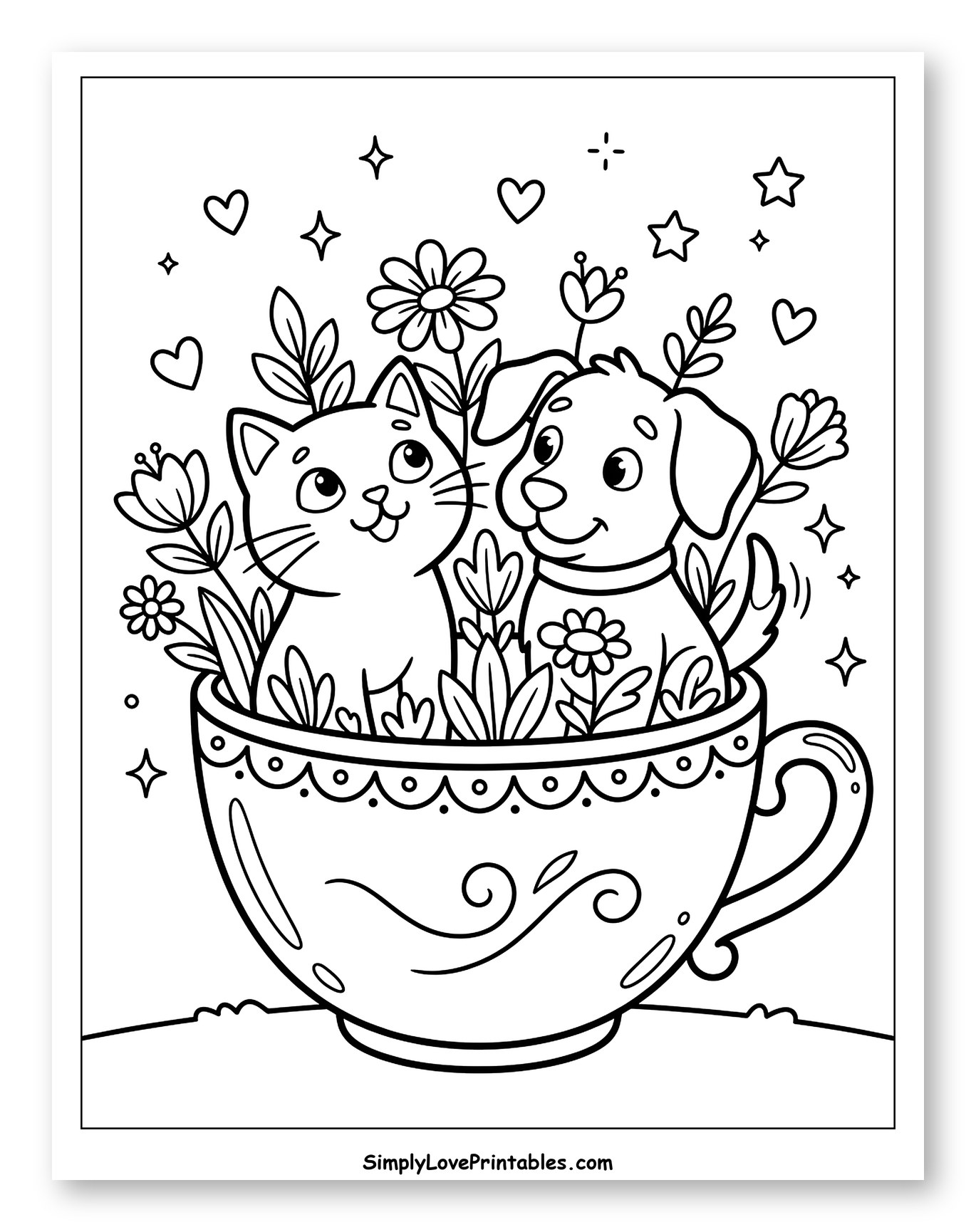 Adorable Cat and Dog in a Floral Teacup