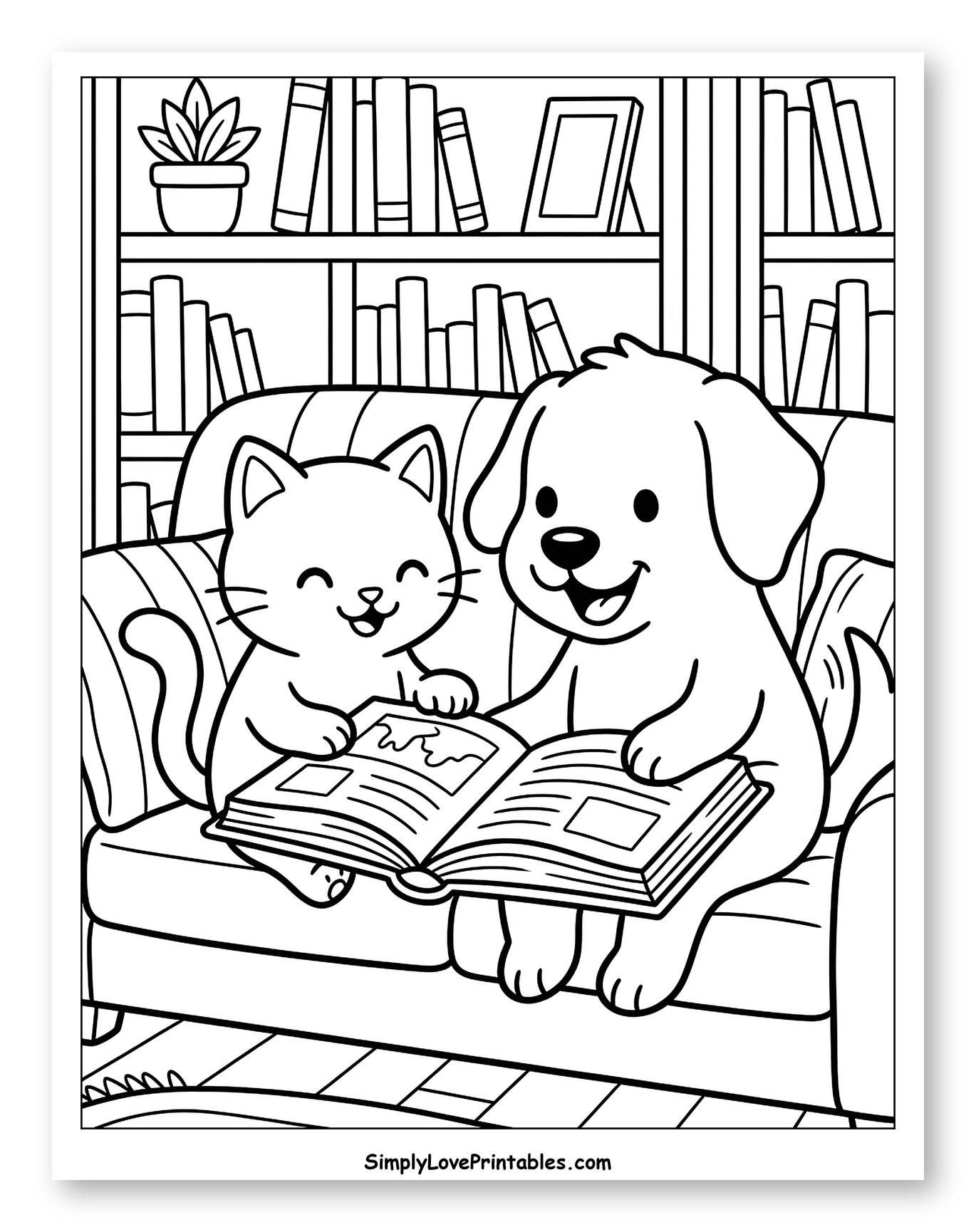 Adorable Cat and Dog Reading on a Couch