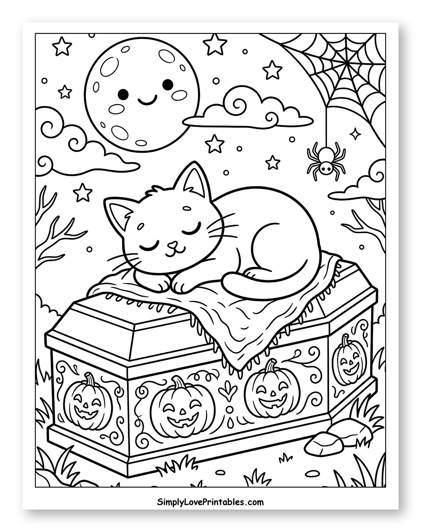 Adorable Cat Asleep on Decorated Coffin