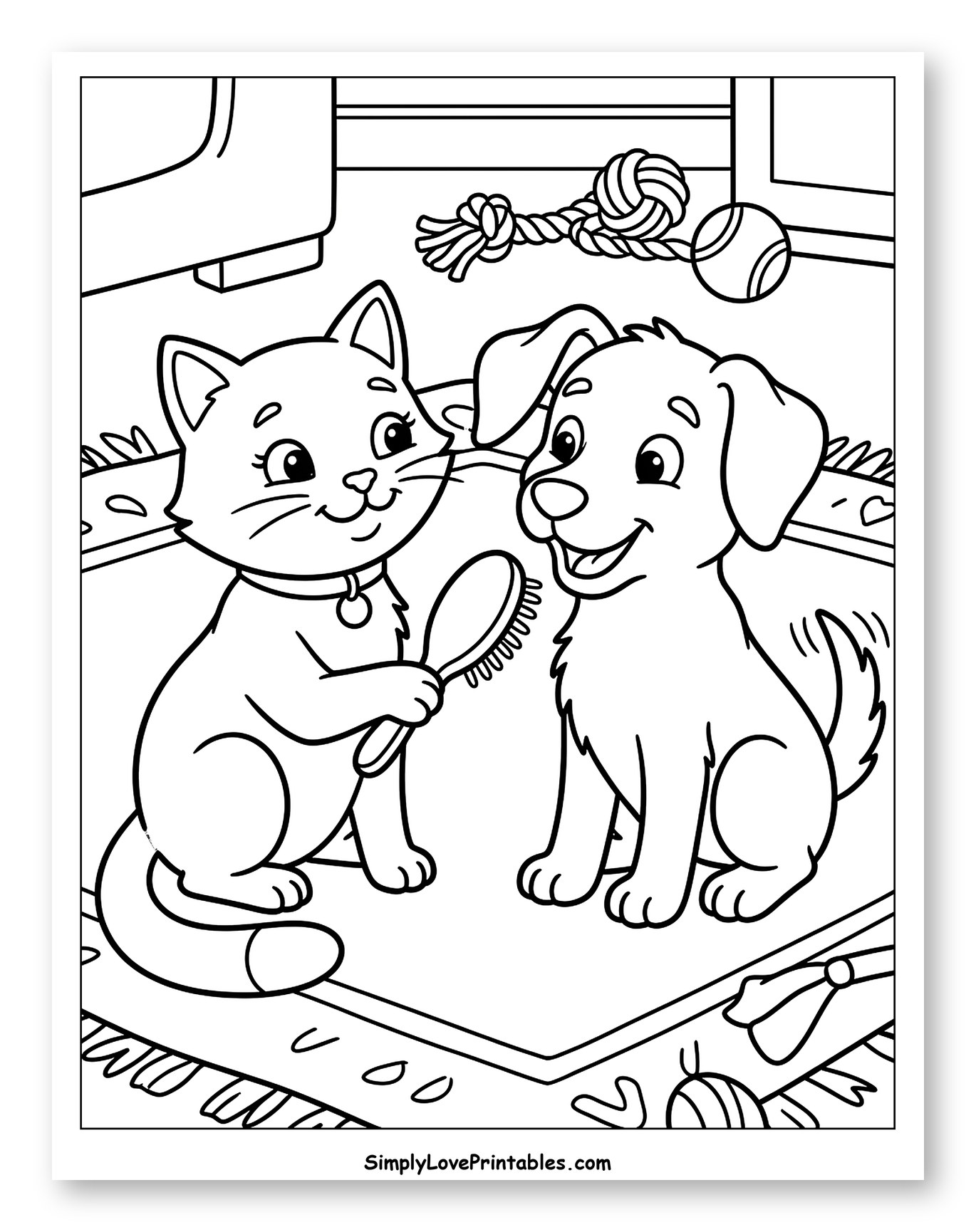 Adorable Cat Brushing a Dog's Fur to Color for Kids