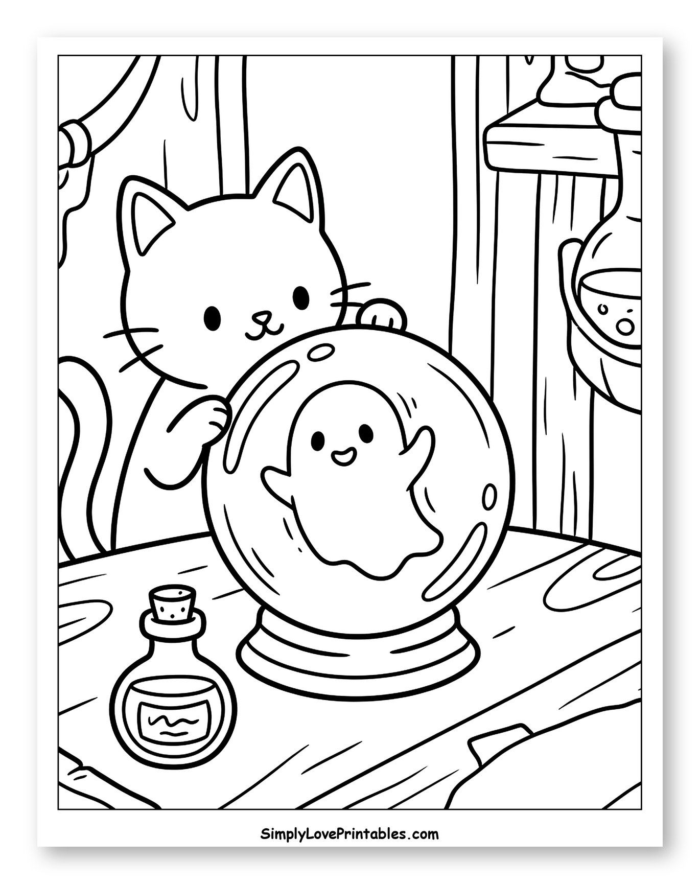 Adorable Cat Looking at Ghost in Orb to Color for Kids