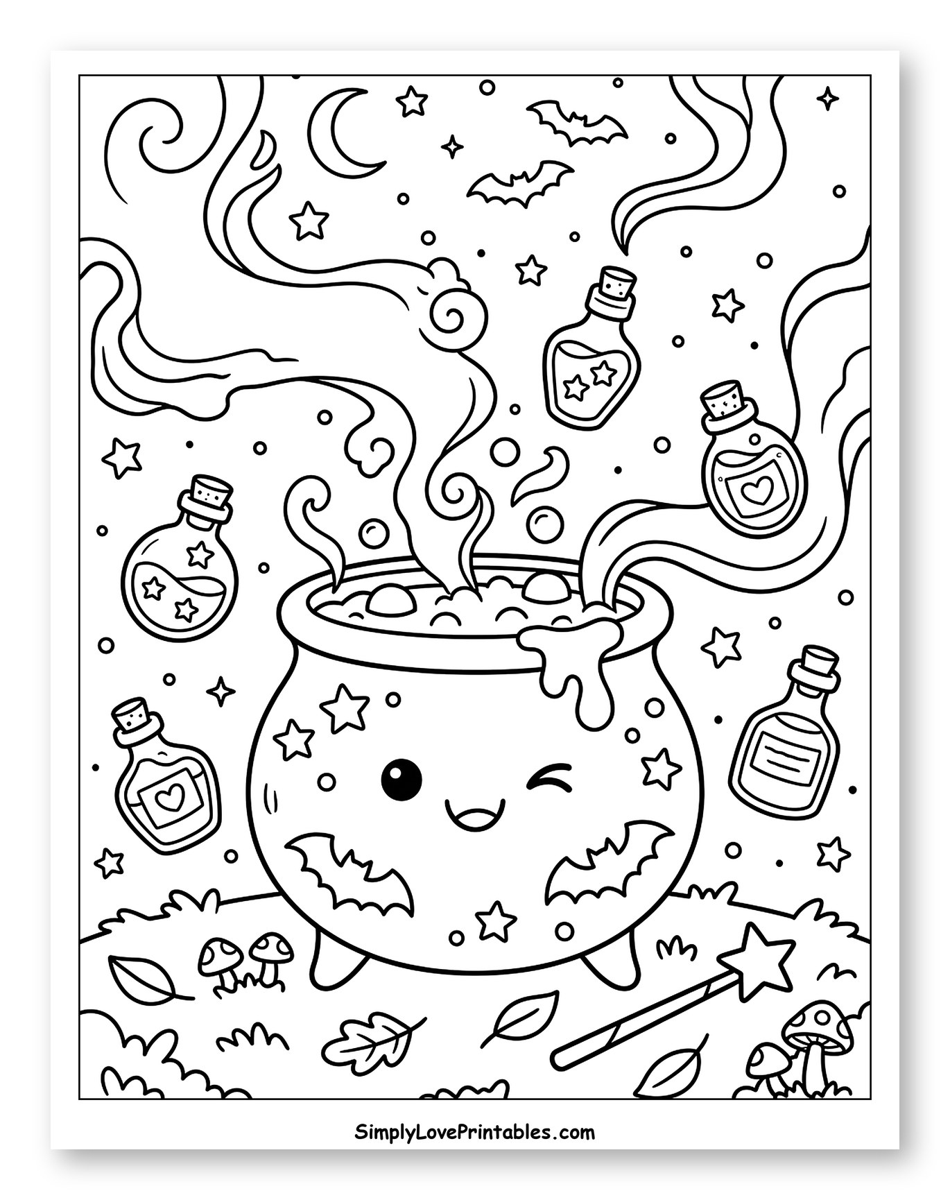 Adorable Cauldron Brewing a Magical Potion Coloring Sheet for Kids