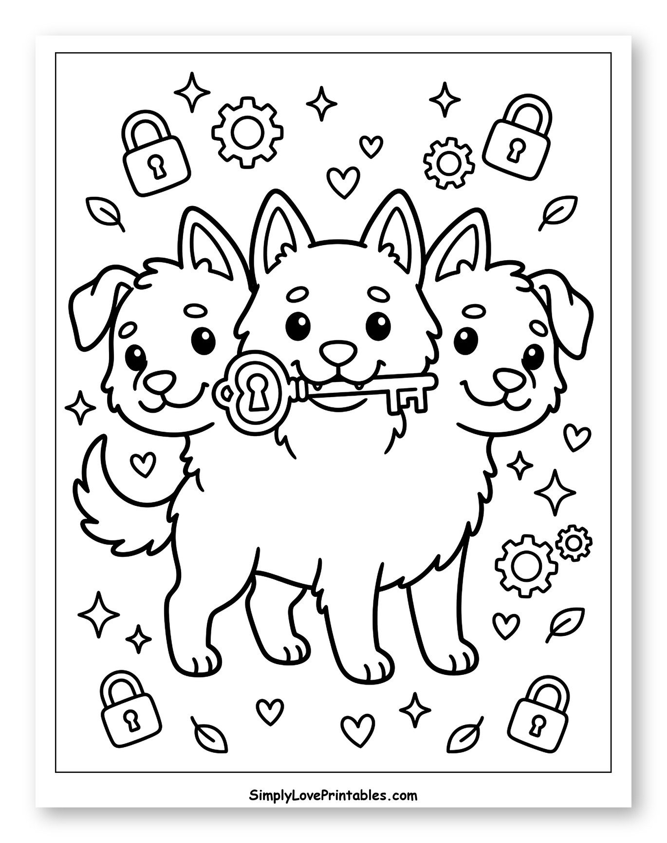 Adorable Cerberus with Key and Locks Coloring Sheet for Adults