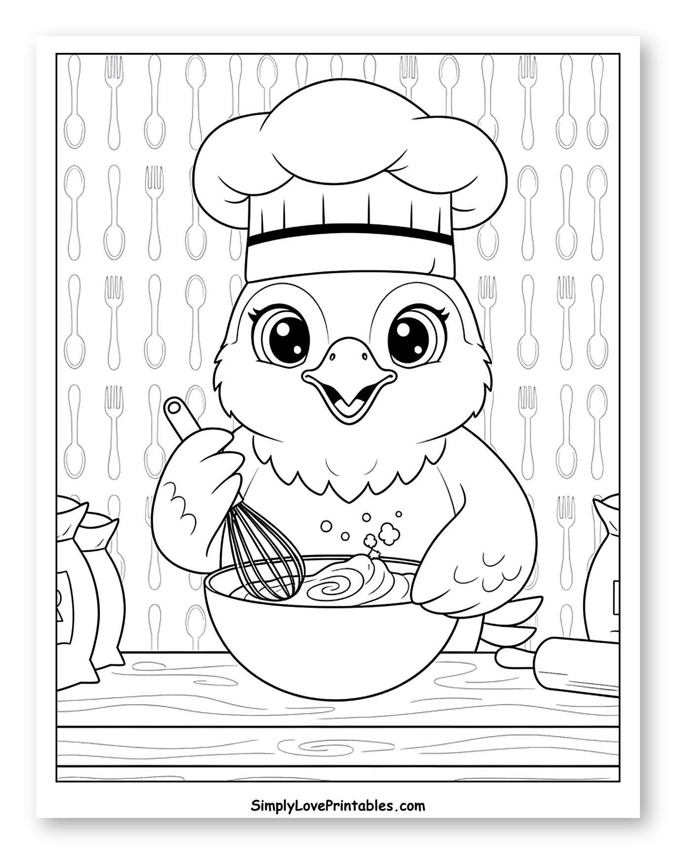Adorable Chick Chef Preparing Food Coloring Page for Kids