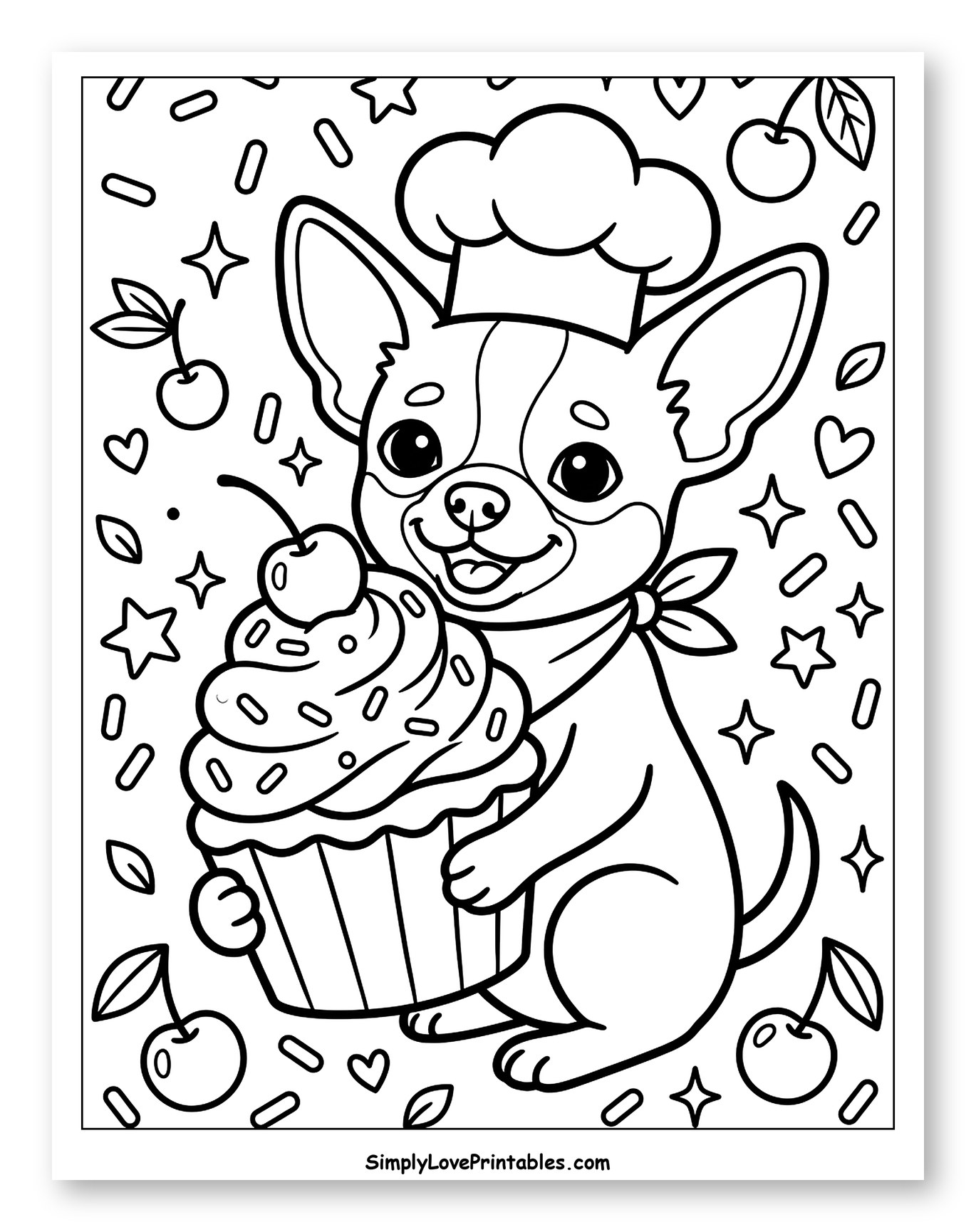 Adorable Chihuahua Chef with Cherry Cupcake Coloring Page for Adults