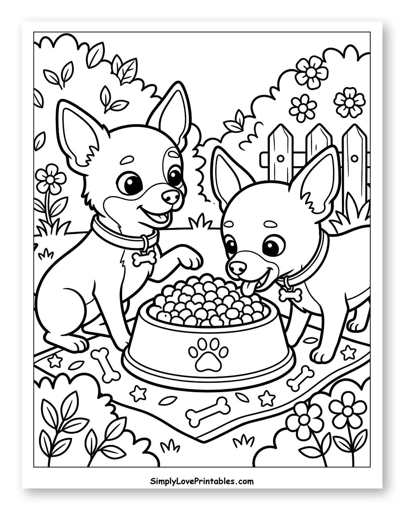 Adorable Chihuahuas Enjoying a Meal Together Coloring Page for Kids