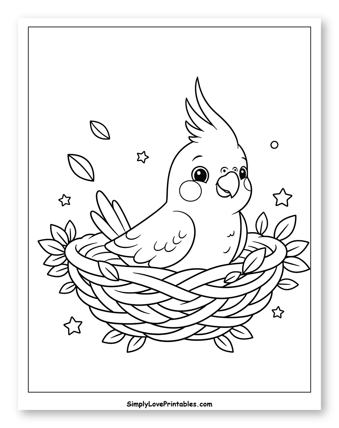 Adorable Cockatiel Perched in a Woven Nest Coloring Page for Toddlers