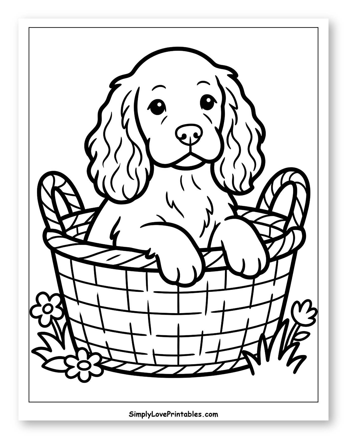 Adorable Cocker Spaniel in a Basket with Flowers Coloring Sheet for Toddlers