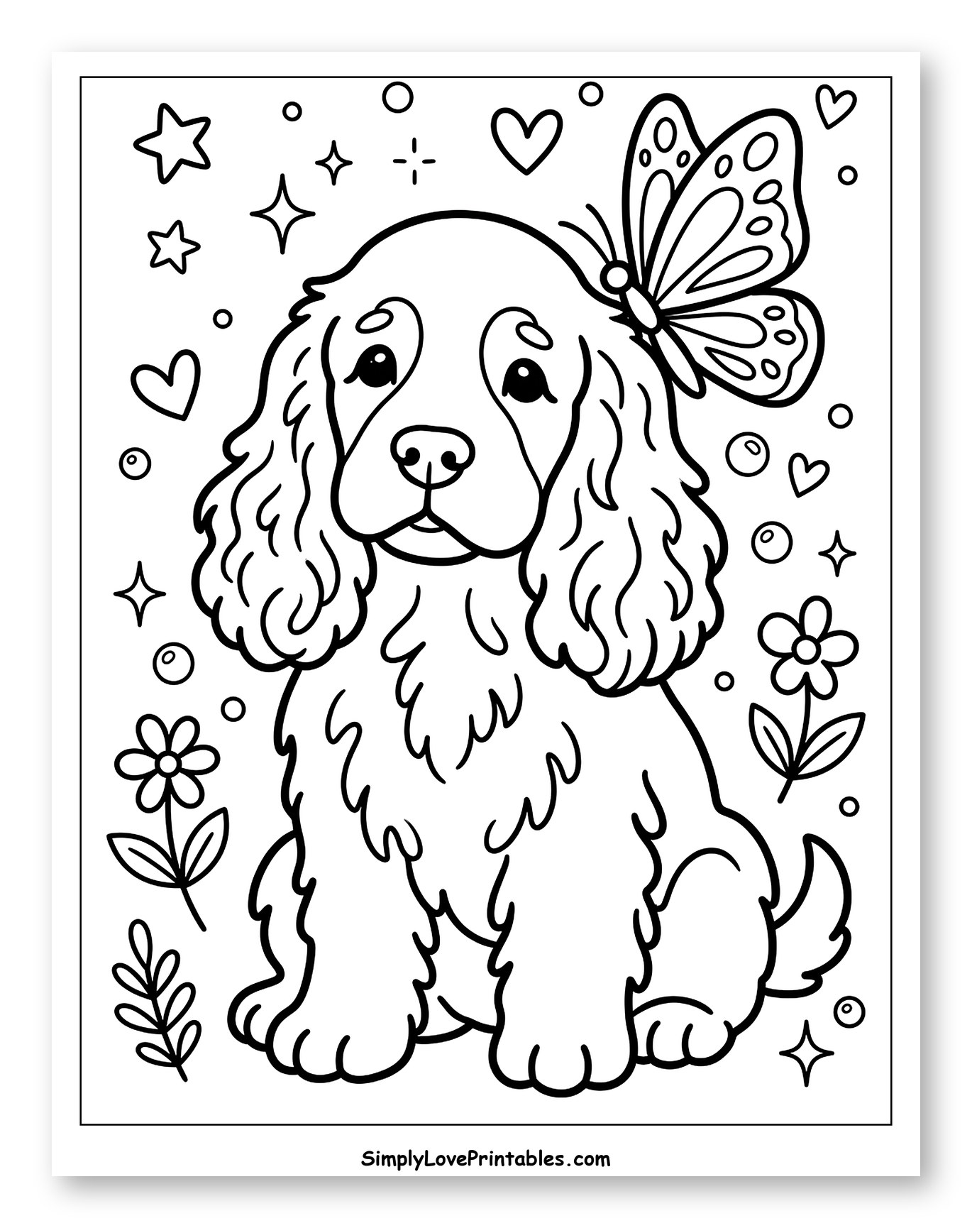 Adorable Cocker Spaniel with Butterfly and Flowers Coloring Sheet for Adults