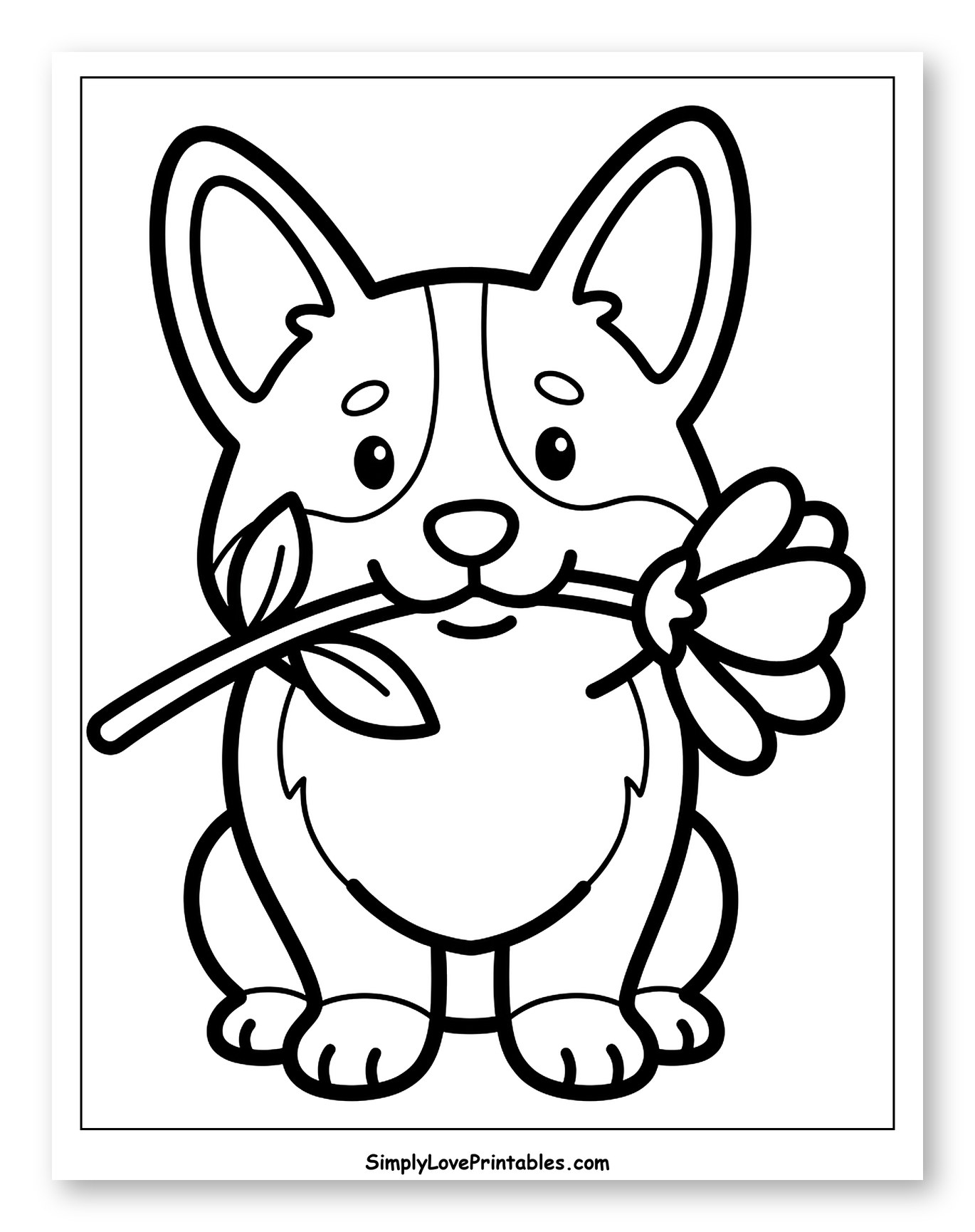 Adorable Corgi Sitting with a Flower to Color for Toddlers