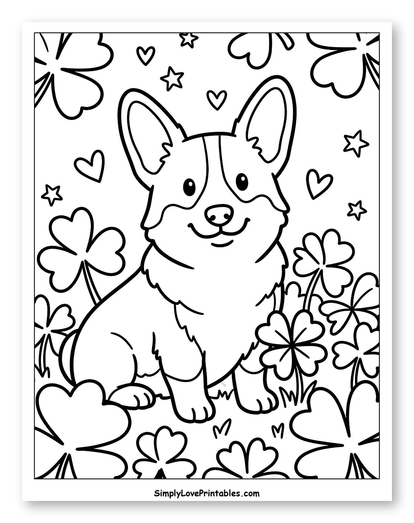 Adorable Corgi Surrounded by Lucky Clovers
