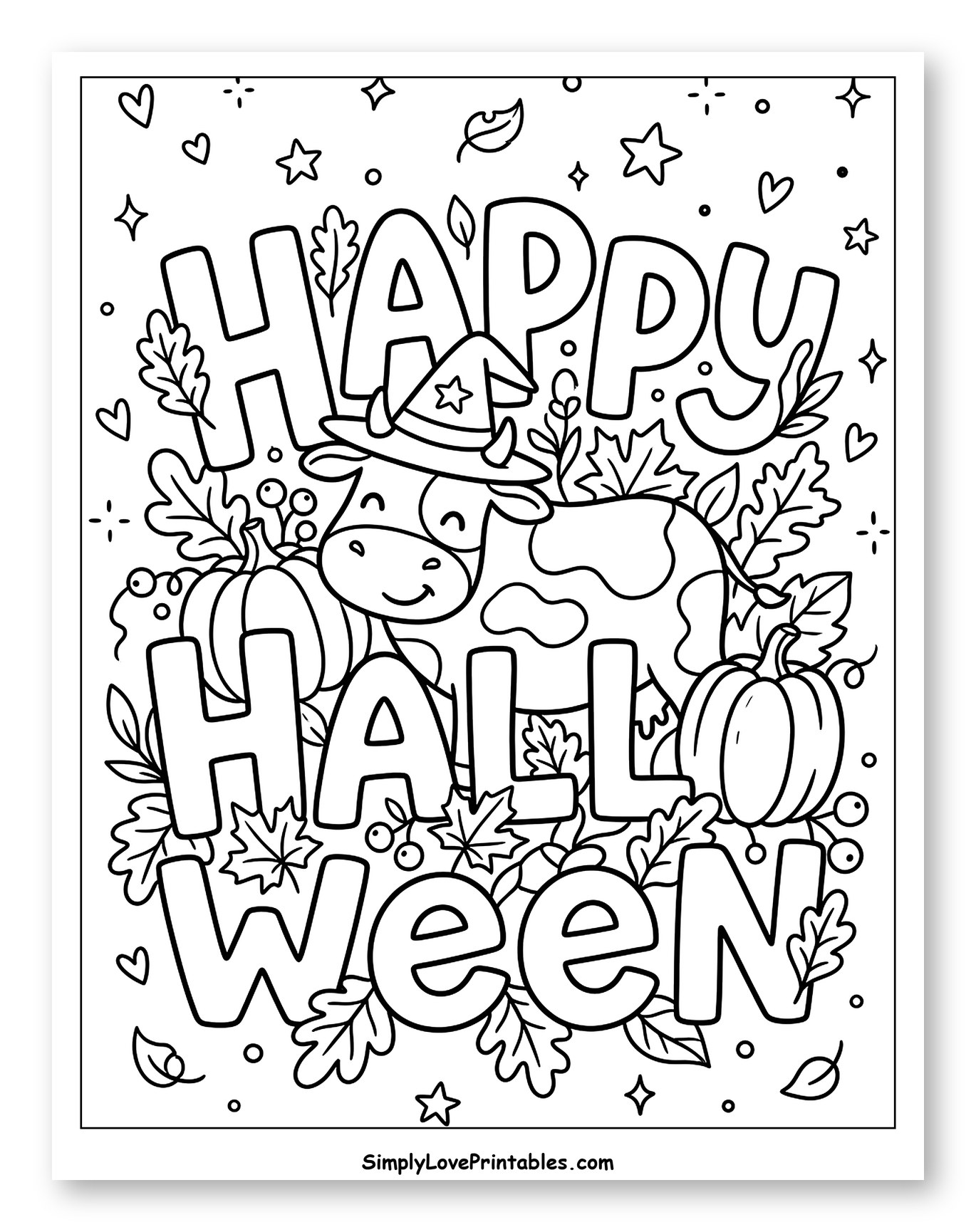Adorable Cow Witch and Pumpkins for Halloween Coloring Page for Adults