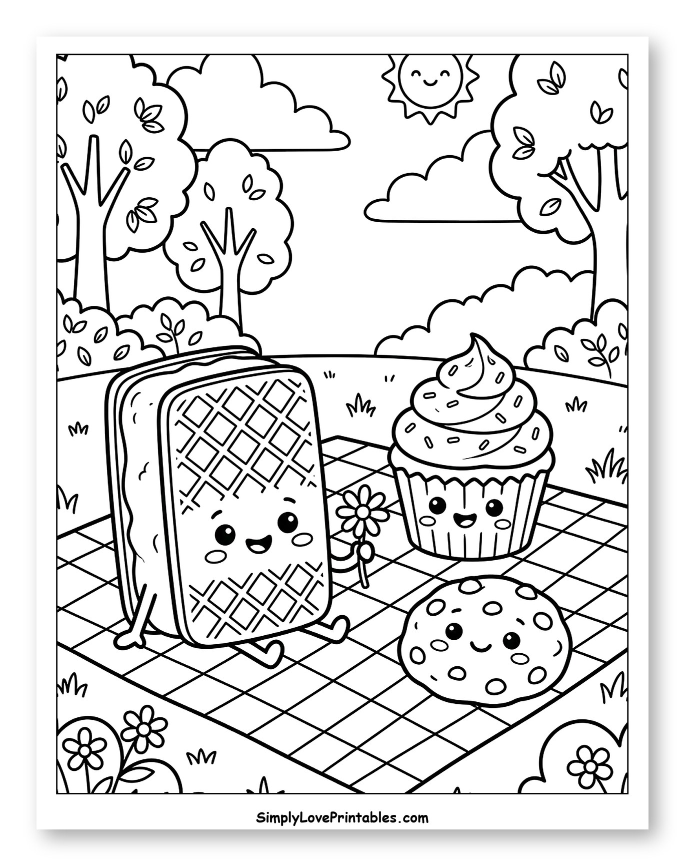 Adorable Dessert Picnic with Ice Cream Sandwich Coloring Page for Kids