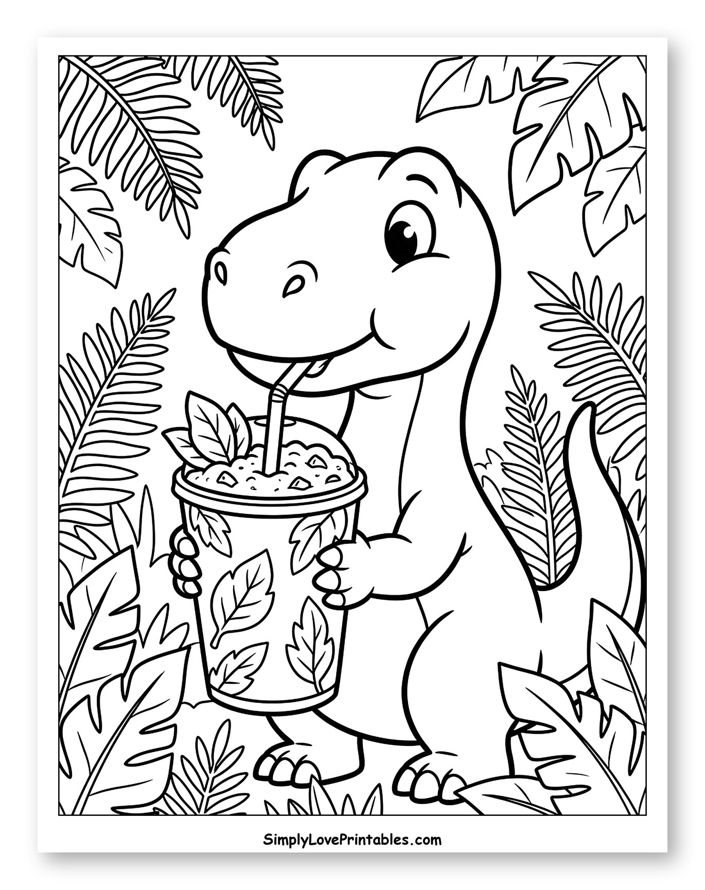Adorable Dinosaur Enjoying Tropical Smoothie Coloring Page for Kids