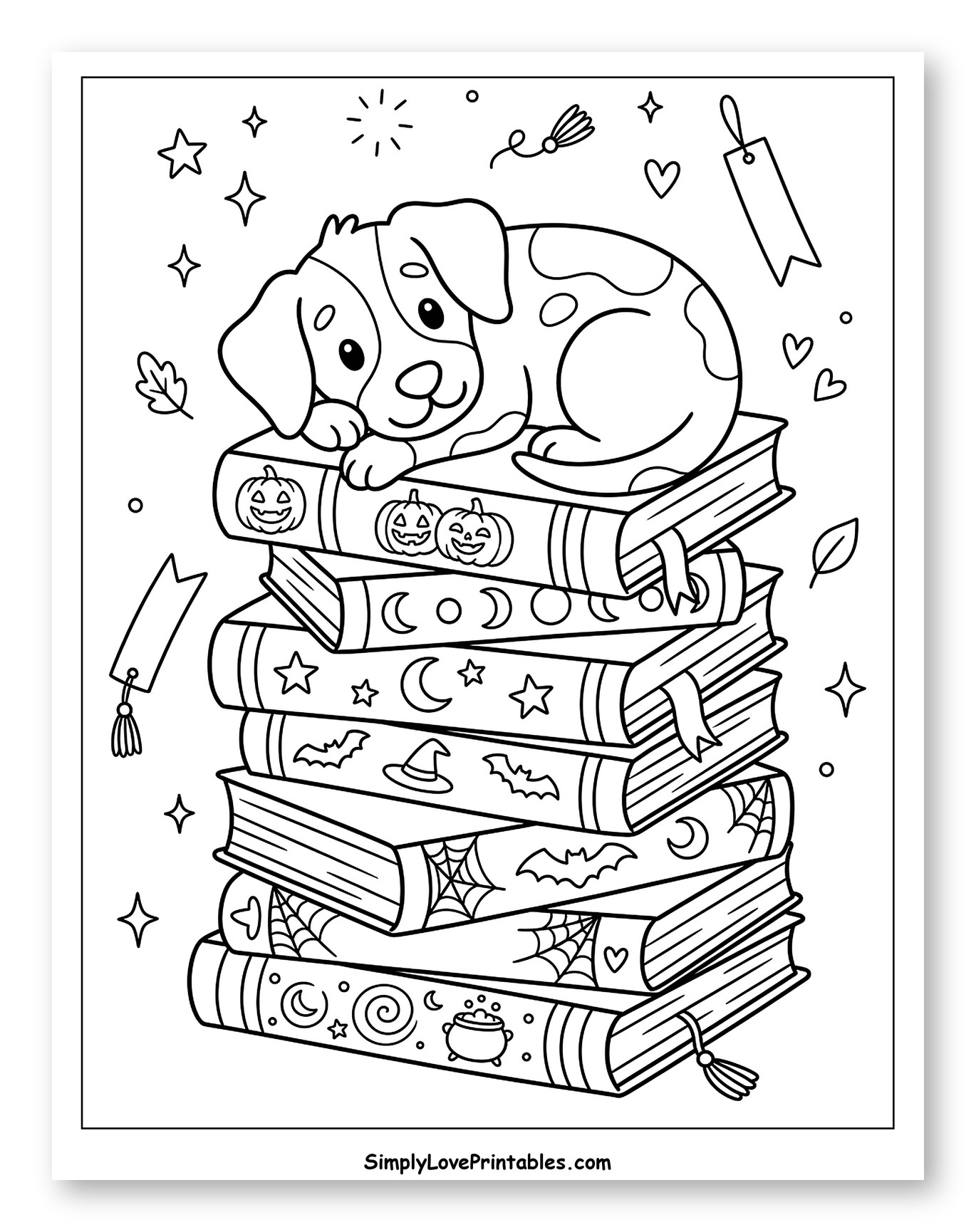 Adorable Dog Rests on Spooky Book Stack