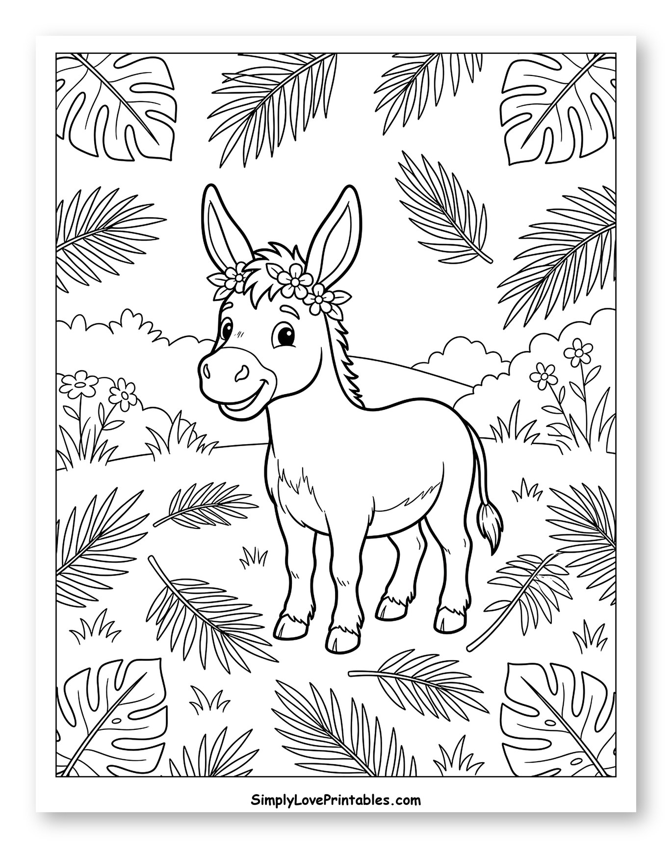 Adorable Donkey Wearing Flowers Amidst Palm Fronds