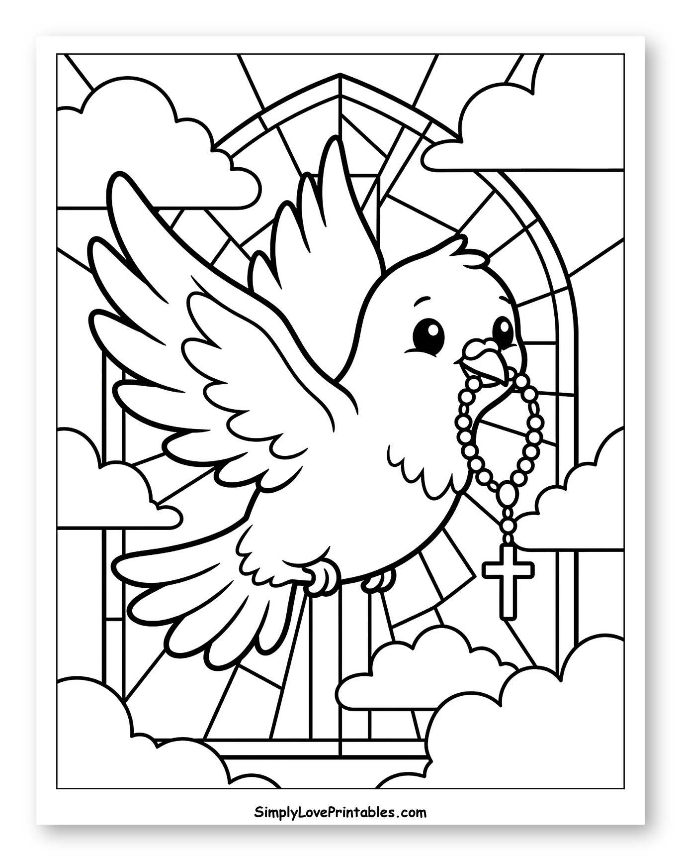 Adorable Dove Carrying Rosary by Stained Glass Window
