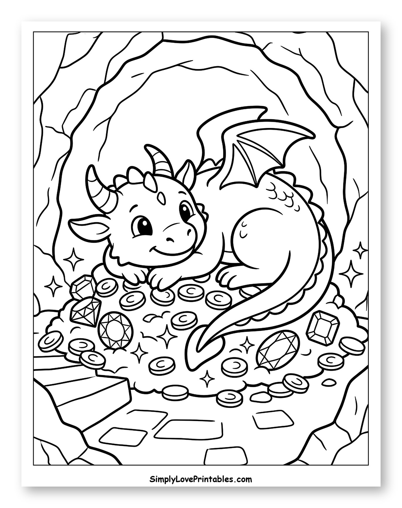 Adorable Dragon in a Treasure Cave Coloring Page for Kids