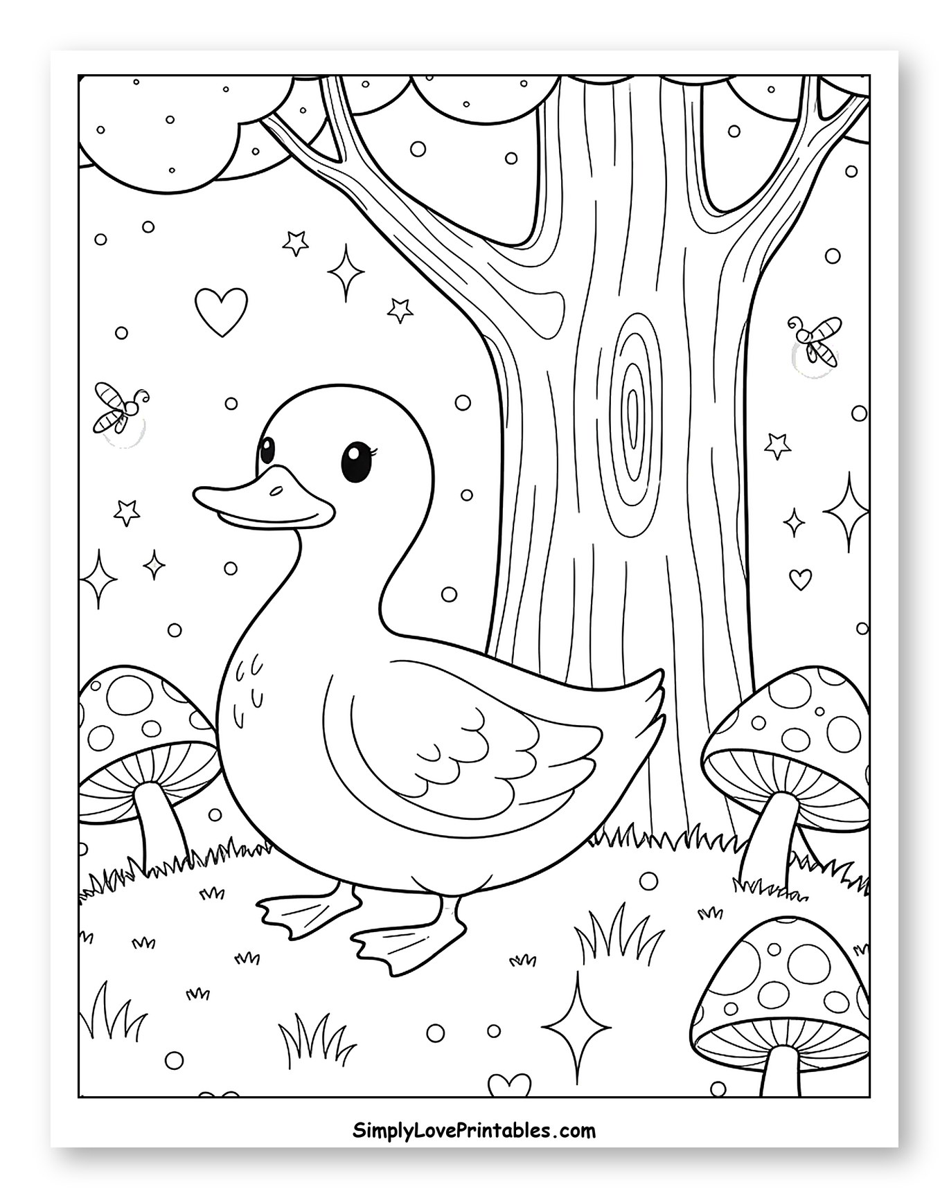Adorable Duck Standing by a Tree and Mushrooms Coloring Page for Adults