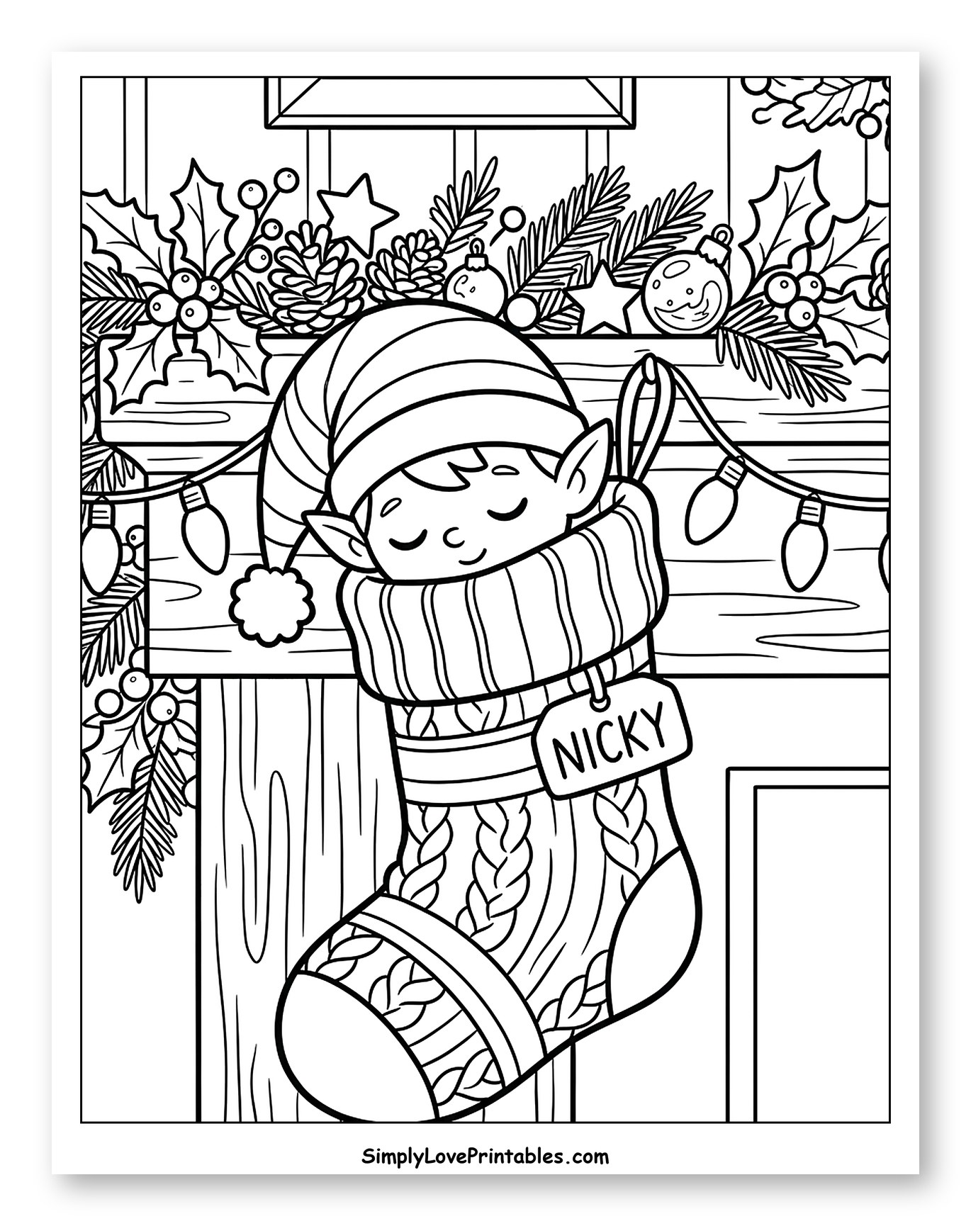Adorable Elf Sleeping in a Christmas Stocking Coloring Sheet for Kids