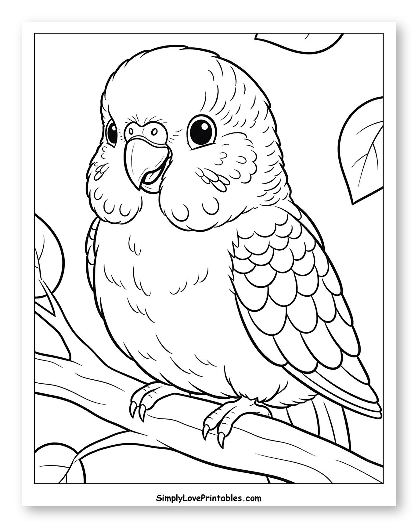 Adorable Fluffy Parakeet Perched on Branch Coloring Sheet for Toddlers