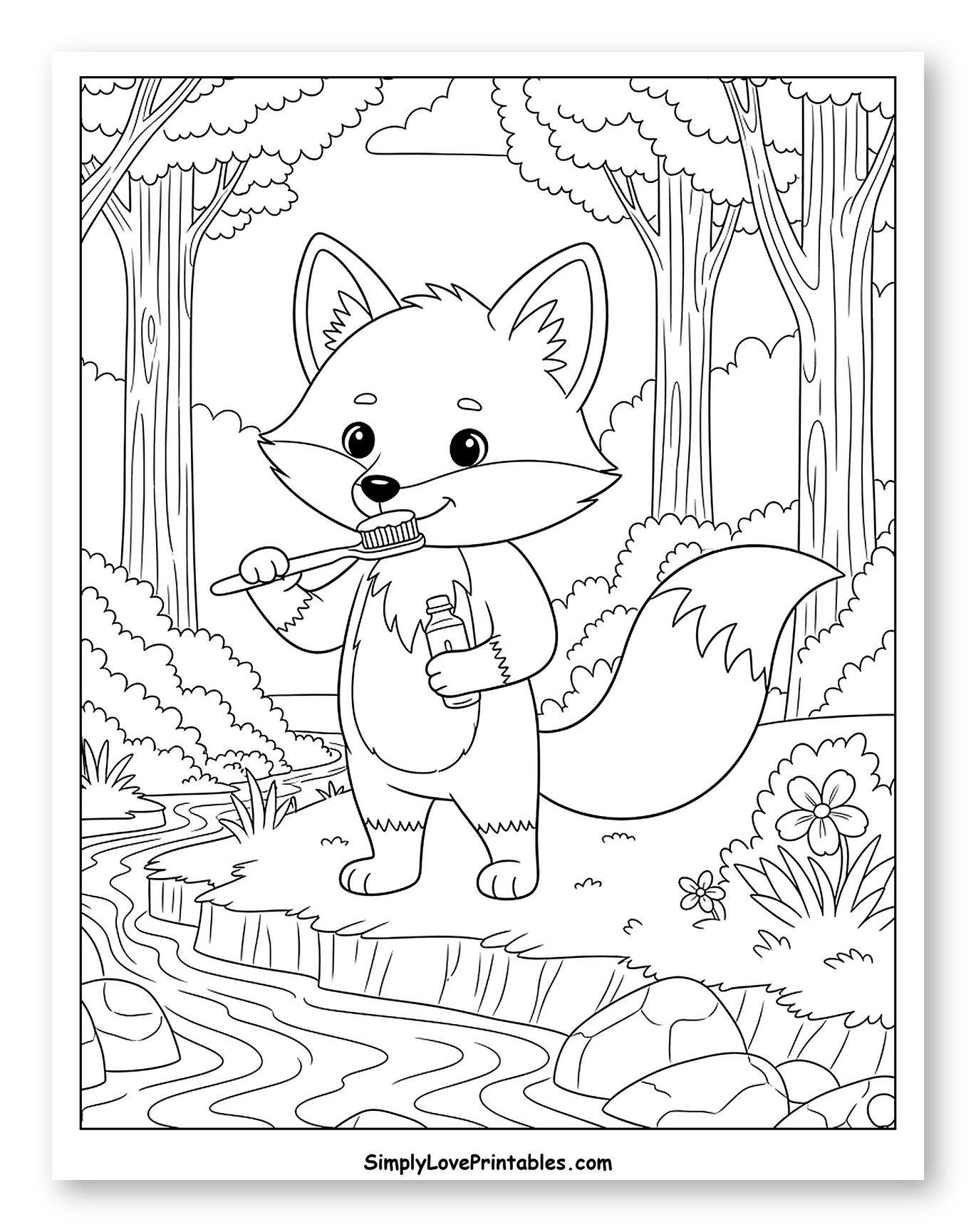 Adorable Fox Brushing Teeth by Stream to Color for Kids