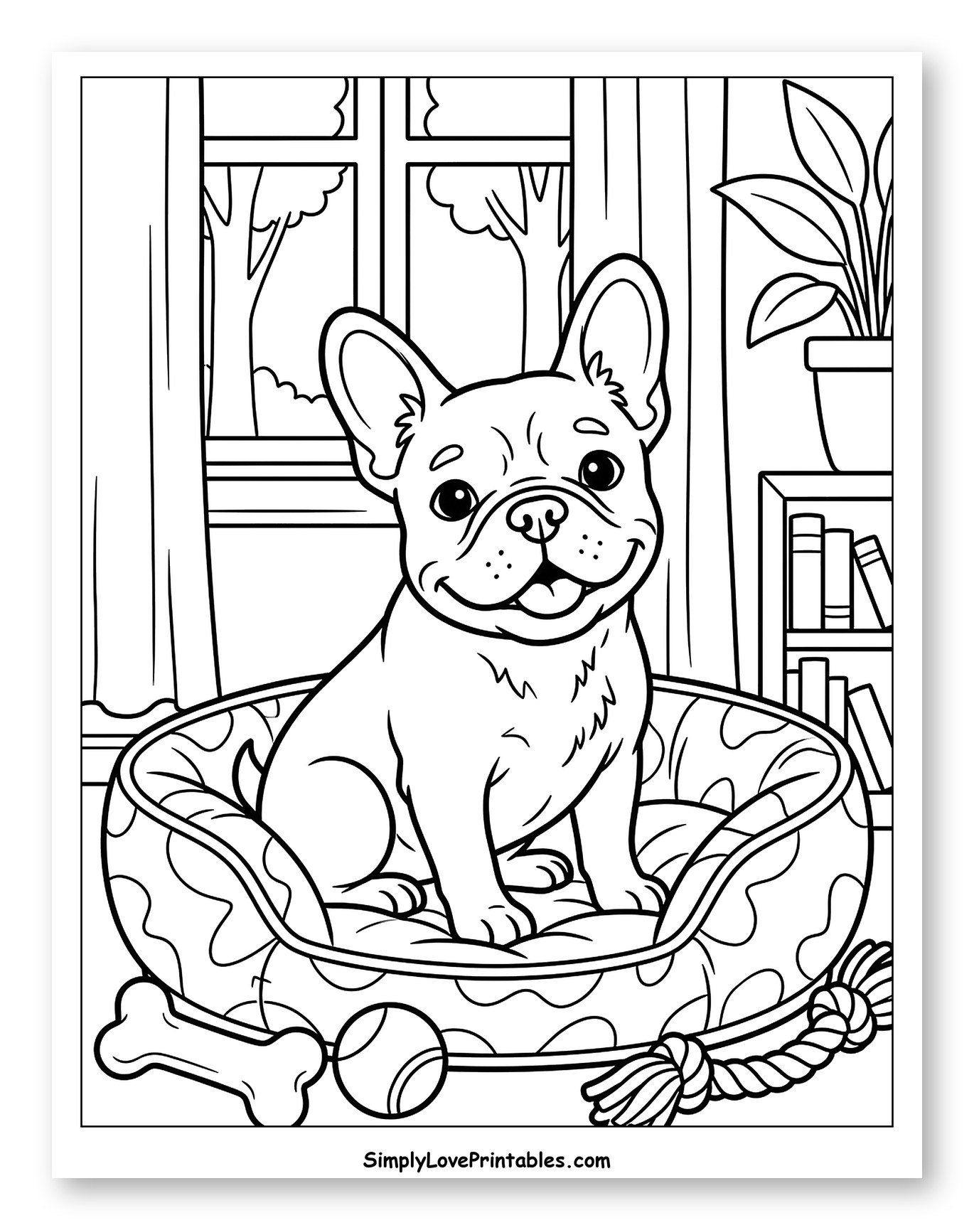 Adorable French Bulldog Sitting in Dog Bed to Color for Kids