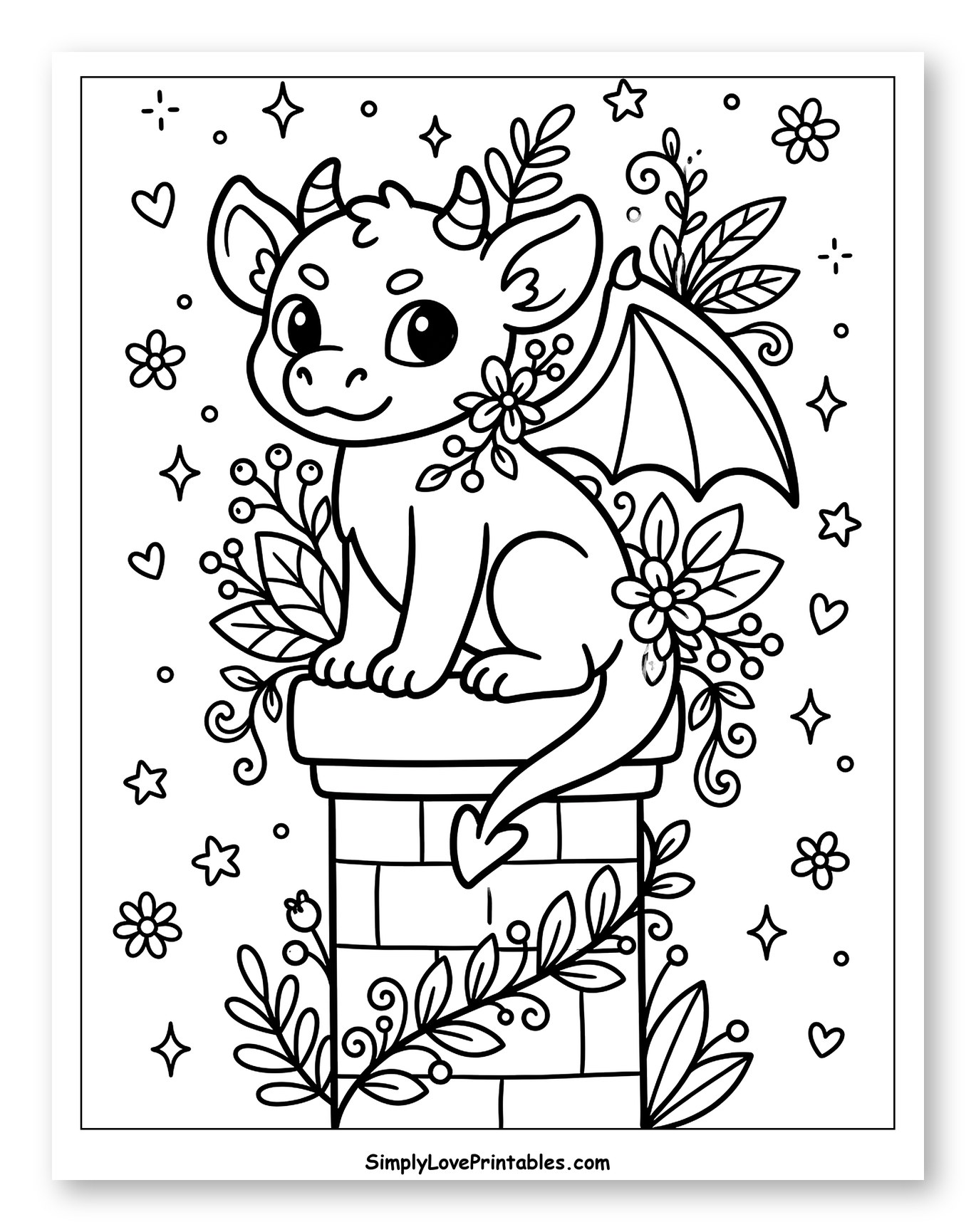 Adorable Gargoyle on a Stone Perch with Flowers Coloring Page for Adults
