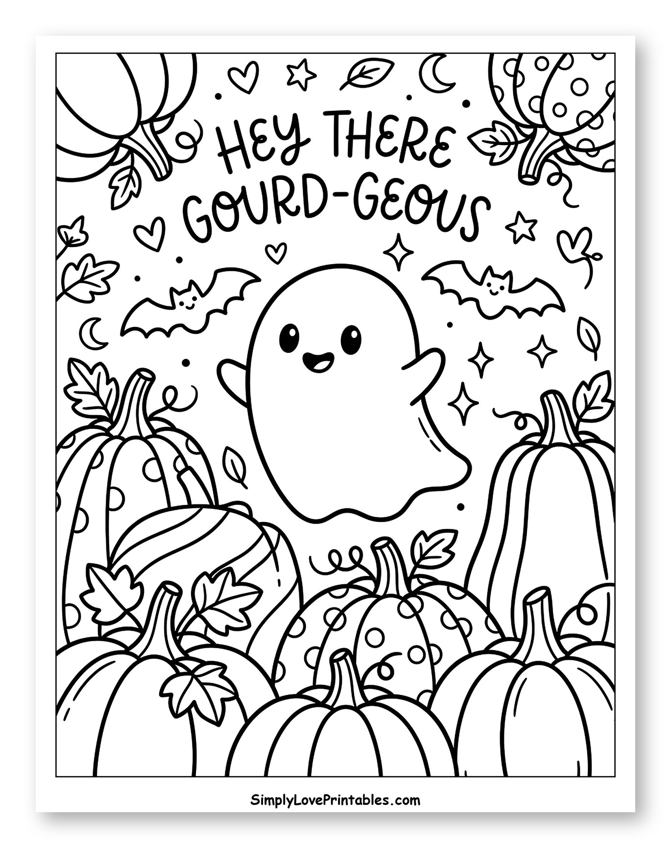 Adorable Ghost with Pumpkins and Punny Greeting to Color for Adults