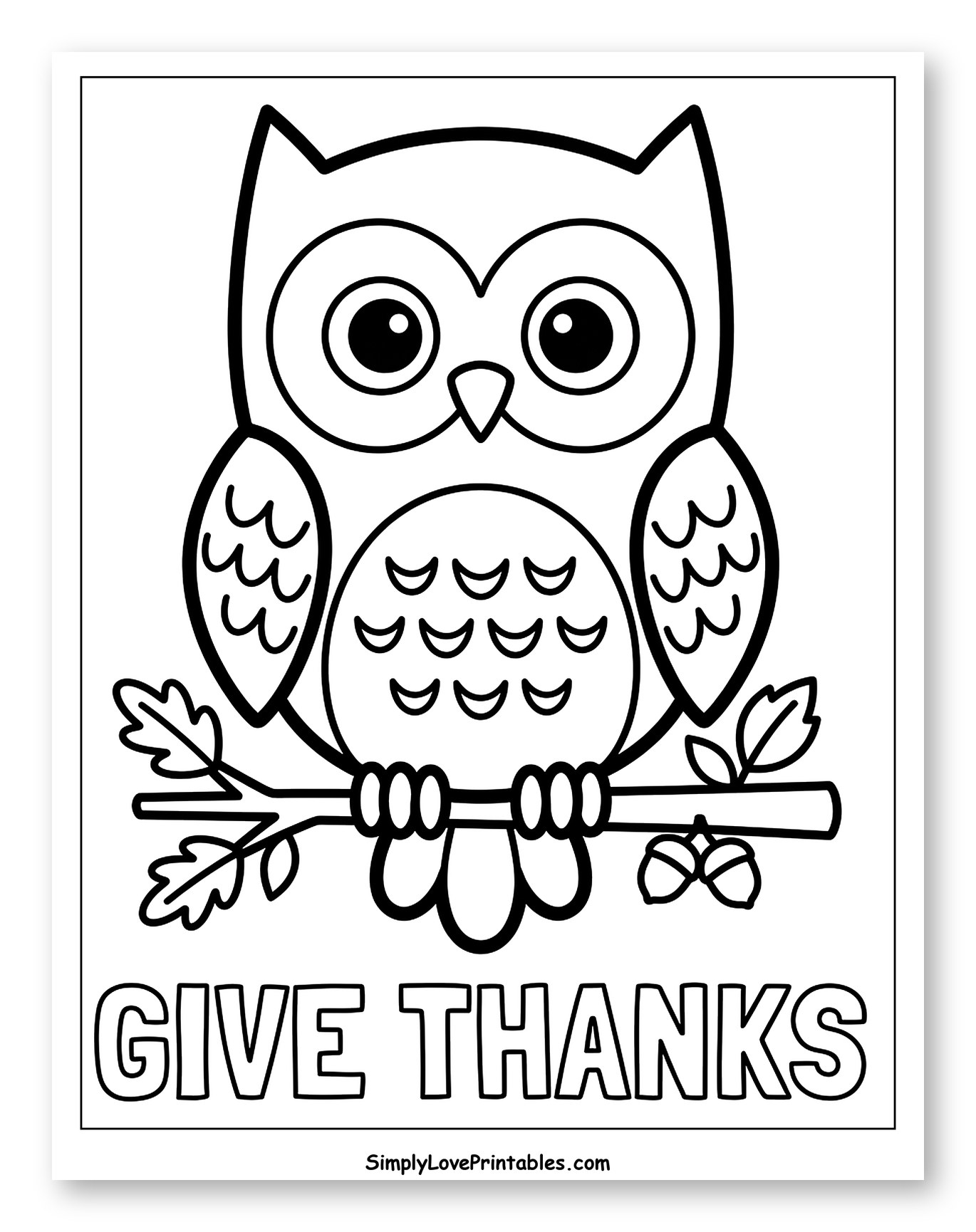 Adorable Give Thanks Owl on a Branch Coloring Page for Toddlers