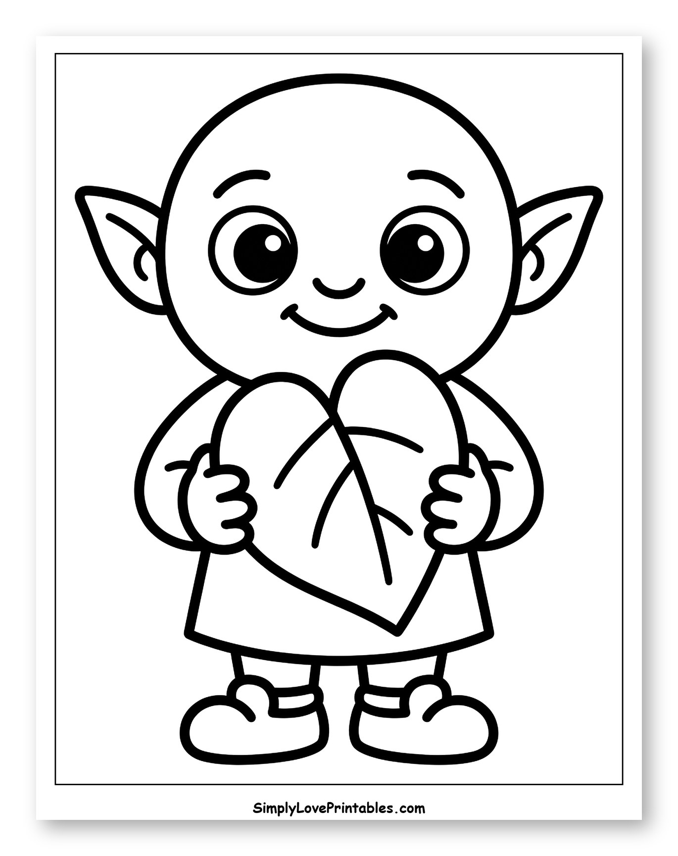 Adorable Goblin Holding a Heart Leaf Coloring Page for Toddlers