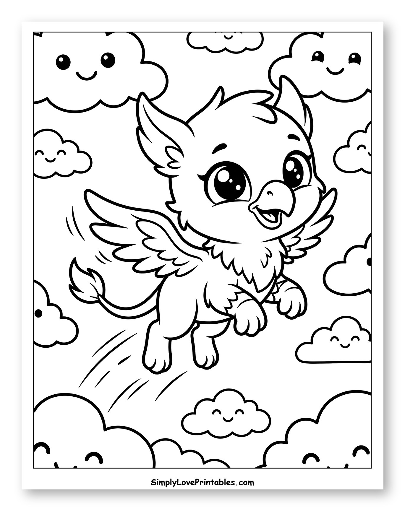 Adorable Griffin Flying Among Smiling Clouds Coloring Page for Kids