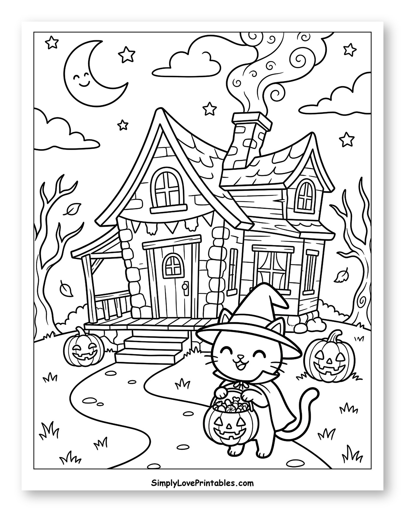 Adorable Halloween Cat at a Cozy House to Color for Kids