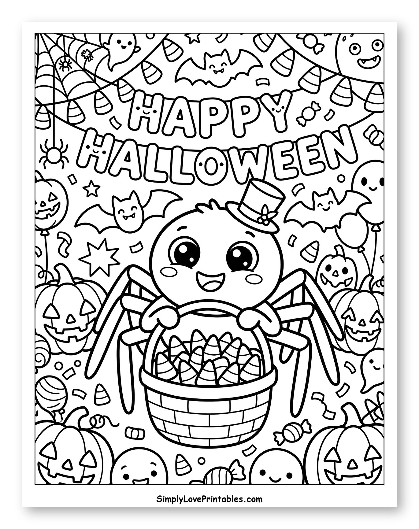Adorable Halloween Spider with Pumpkins and Bats