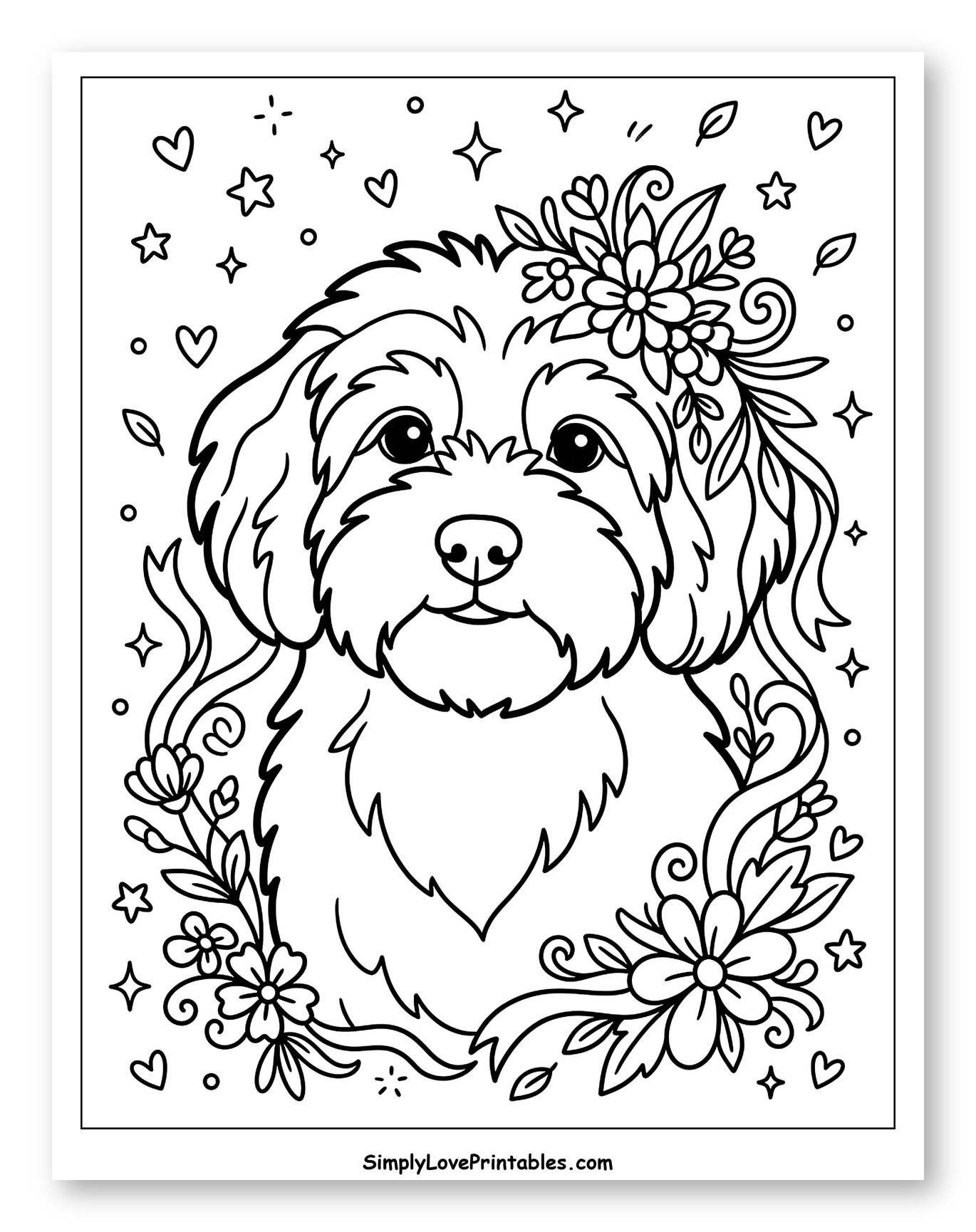 Adorable Havanese Puppy in Floral Wreath to Color for Adults