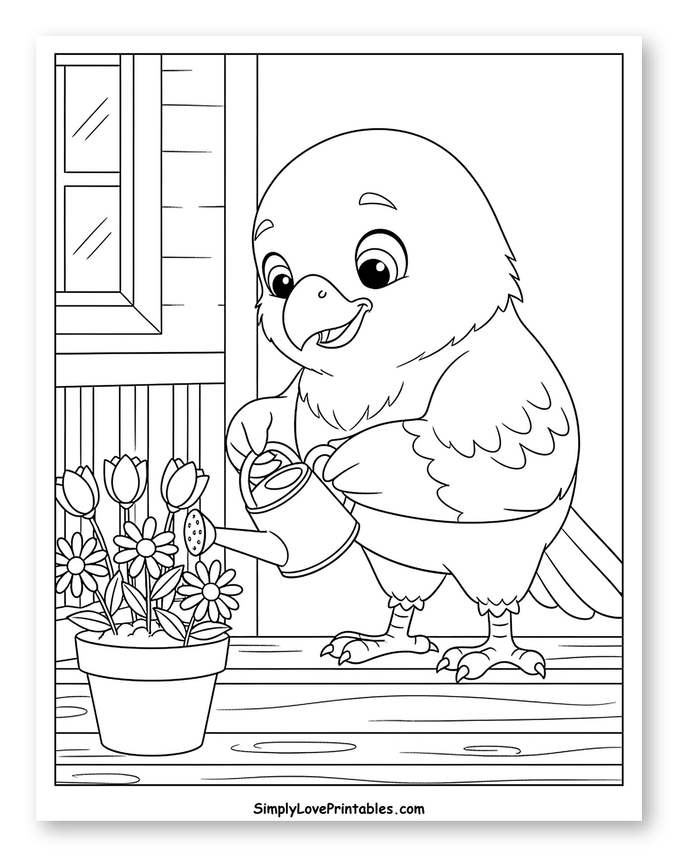 Adorable Hawk Watering Tulips and Daisies to Color for Kids