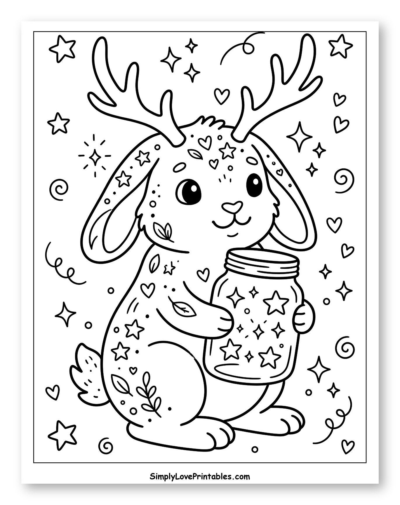 Adorable Jackalope Holding a Star-Filled Jar Coloring Page for Adults