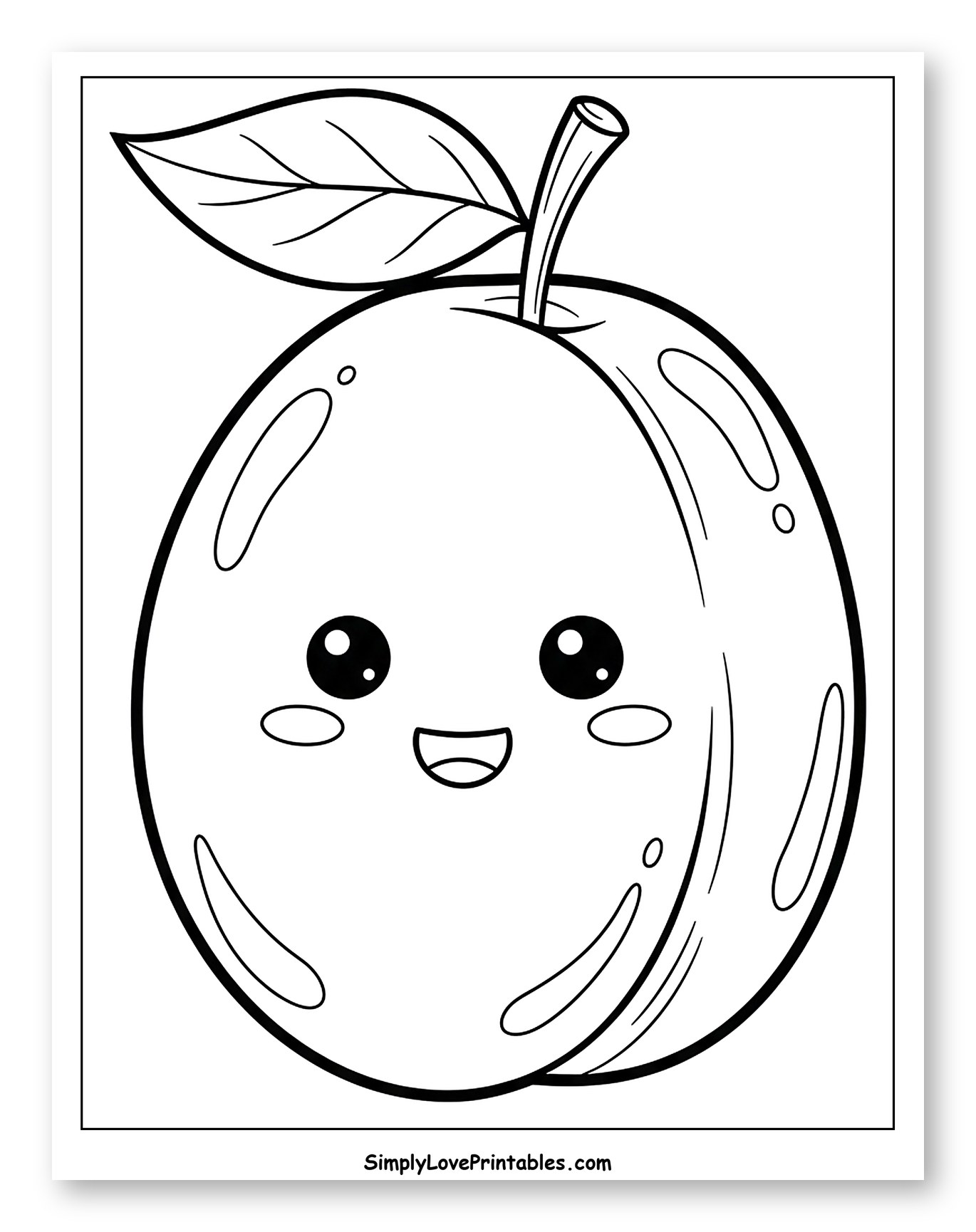 Adorable Kawaii Plum with Leaf and Stem Coloring Page for Toddlers