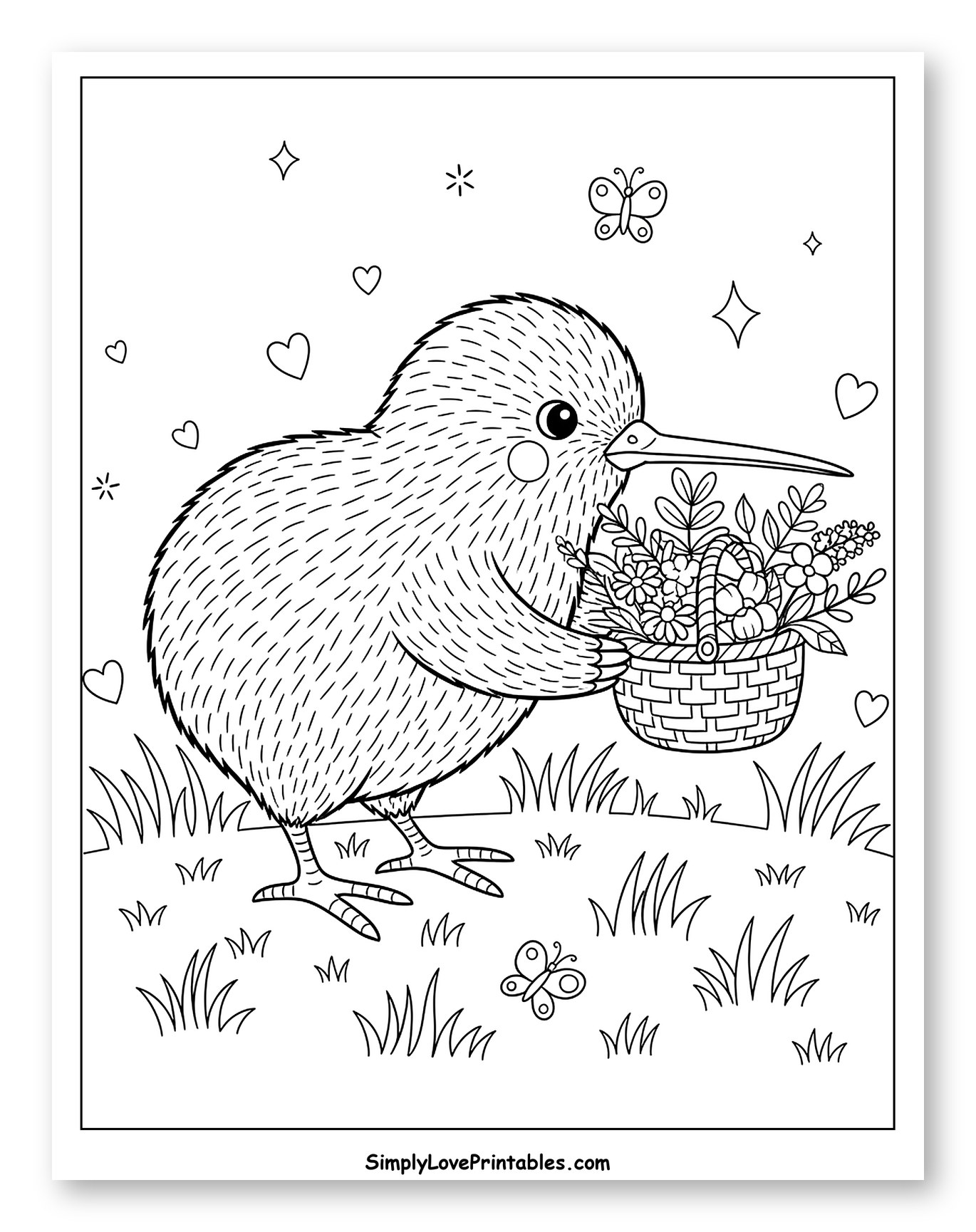 Adorable Kiwi Bird Carrying Flowers in Basket to Color for Adults