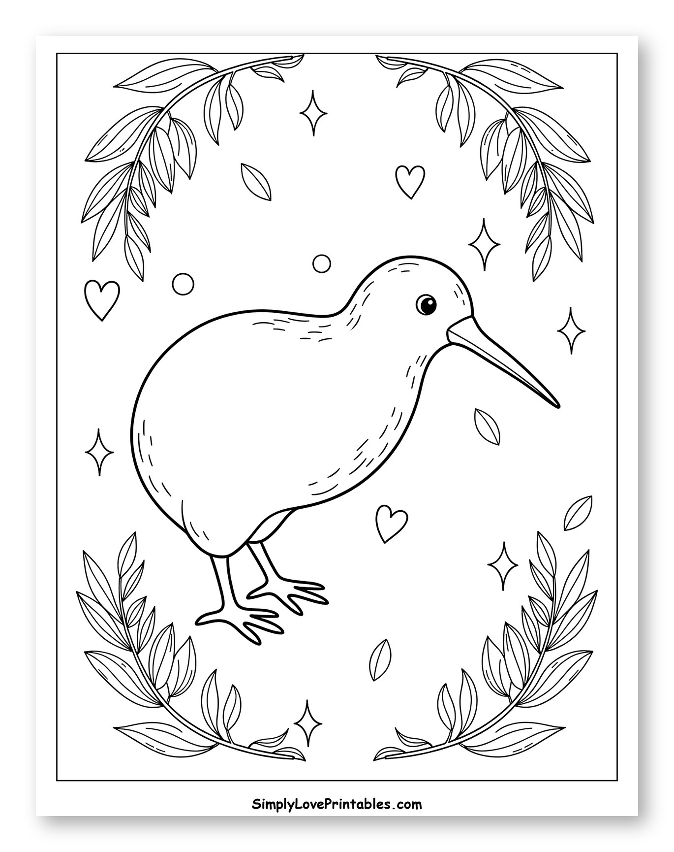 Adorable Kiwi Bird in Leafy Frame Coloring Page for Adults