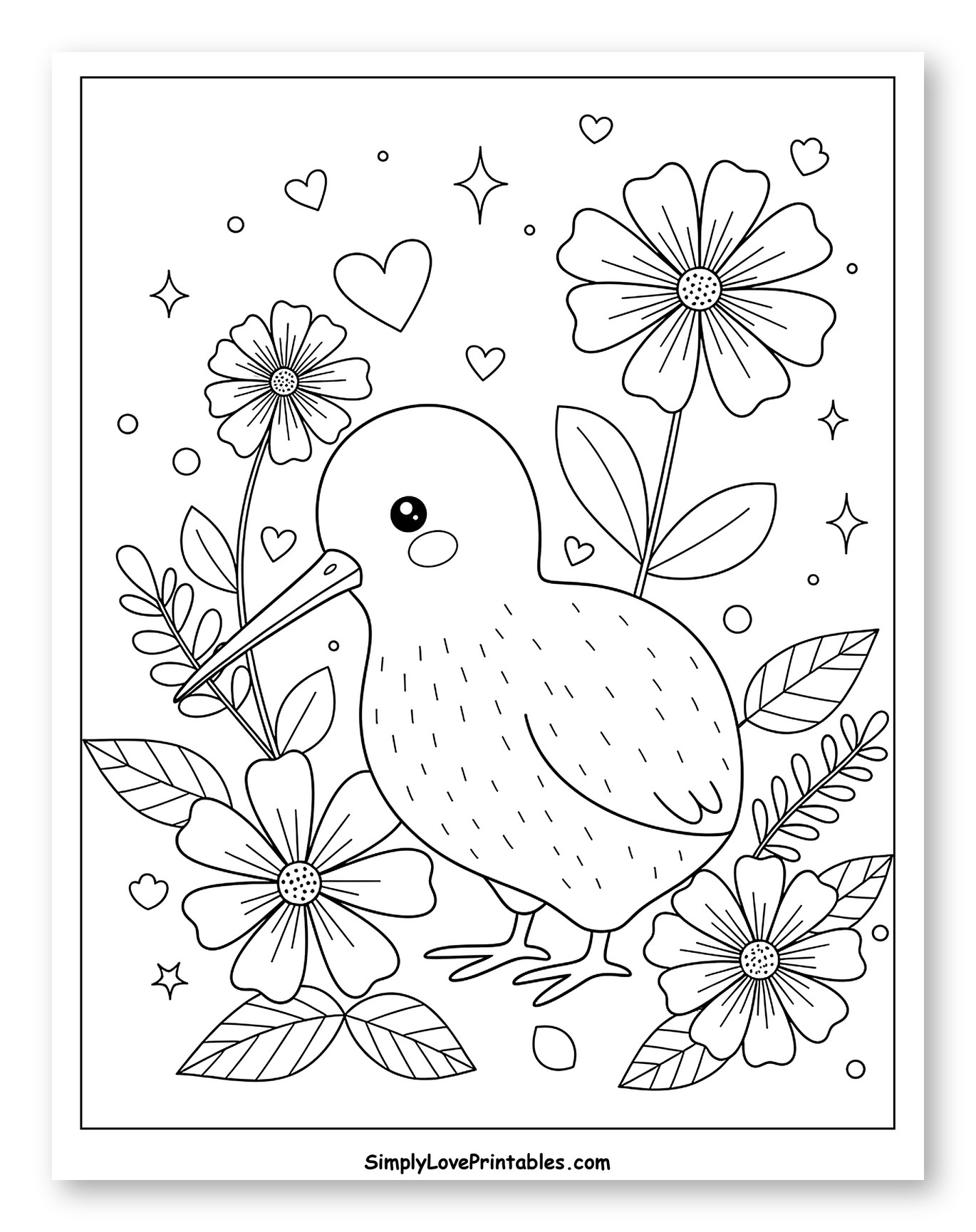 Adorable Kiwi Bird Surrounded by Flowers Coloring Page for Adults