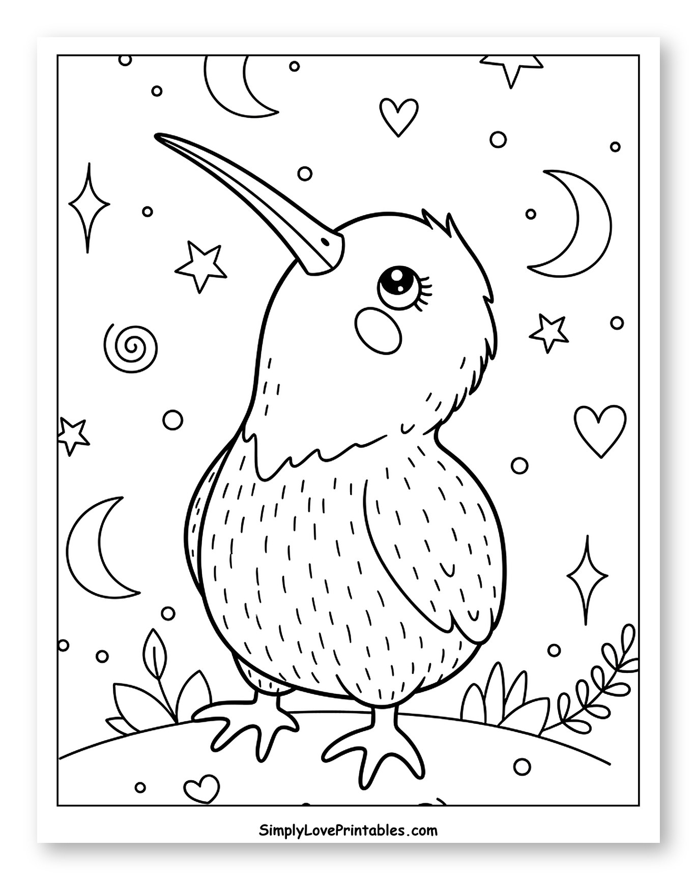 Adorable Kiwi Bird with Stars and Moons Coloring Page for Adults