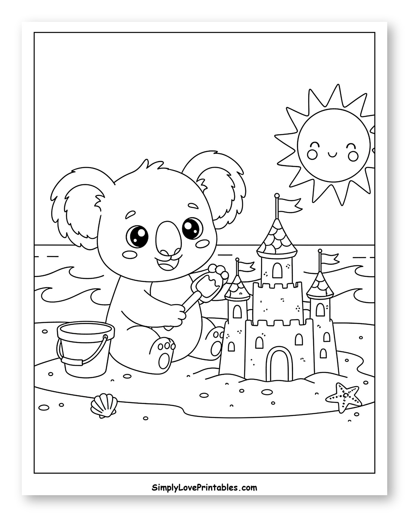 Adorable Koala Builds Sandcastle on Sunny Beach Coloring Page for Kids