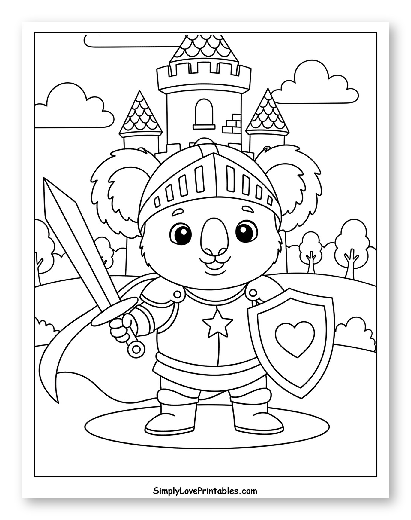 Adorable Koala Knight Holding Sword and Shield Coloring Sheet for Kids