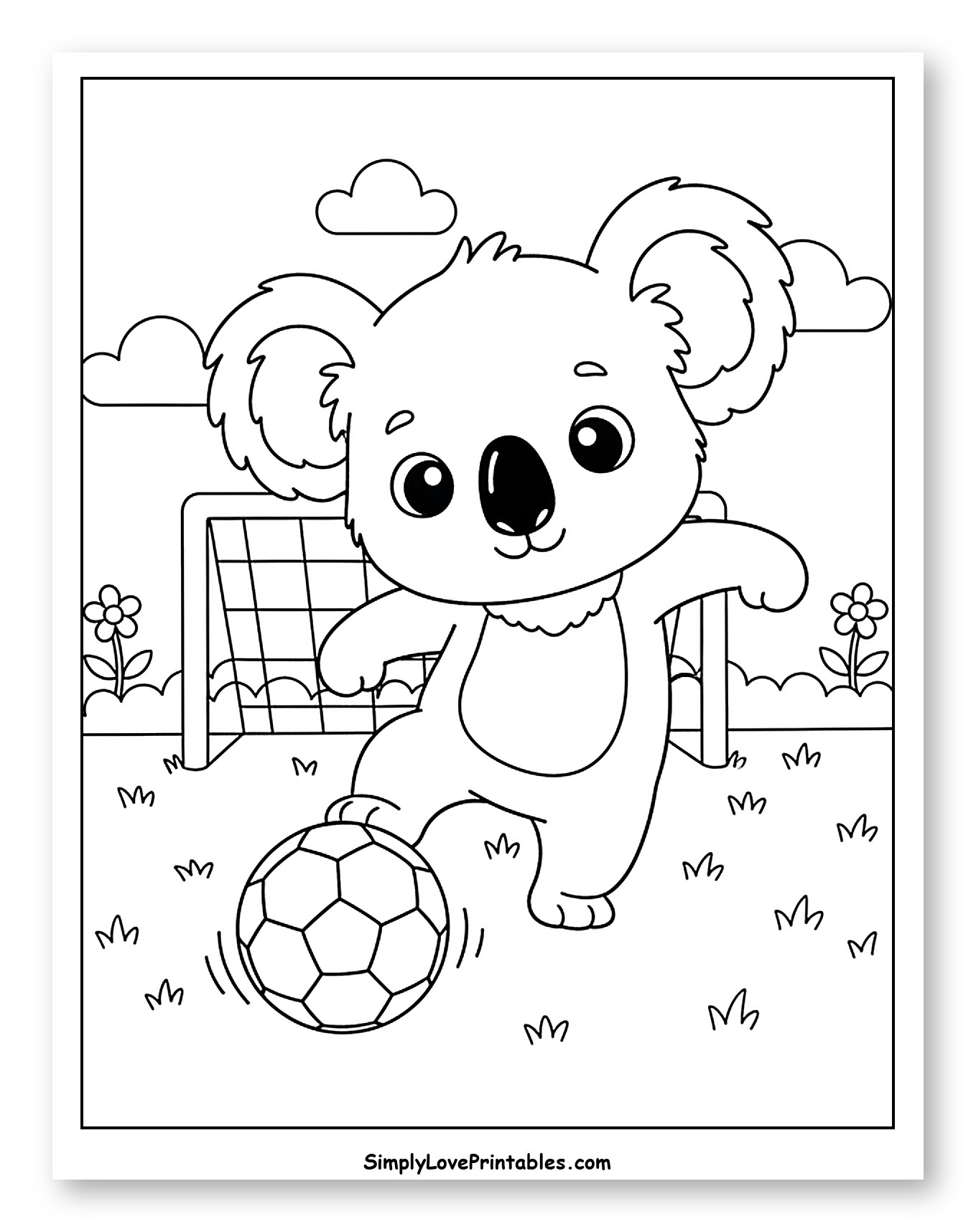 Adorable Koala Playing Soccer Outdoors Coloring Page for Kids