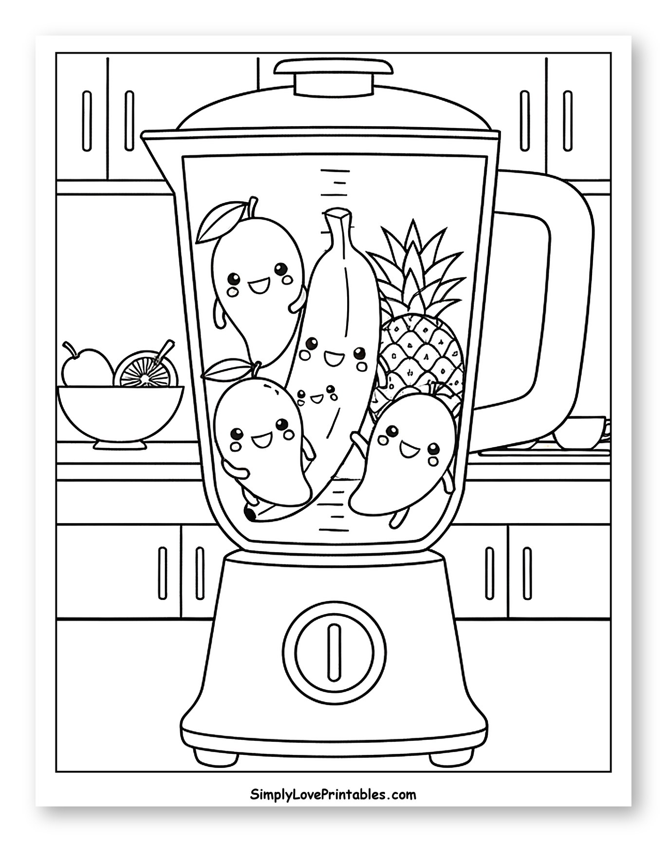 Adorable Mangoes and Friends in a Blender Coloring Page for Kids