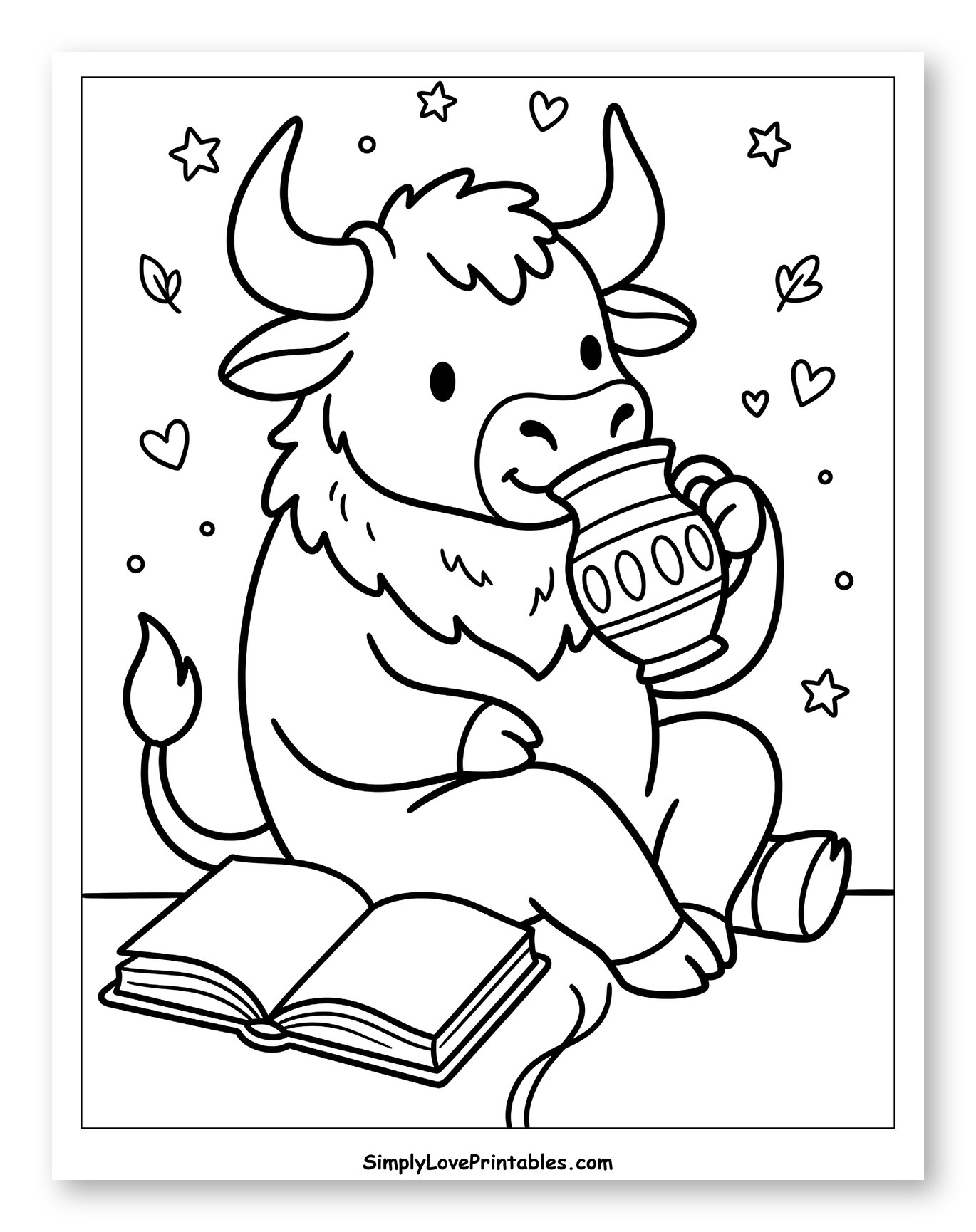 Adorable Minotaur Enjoying a Drink and Book to Color for Adults
