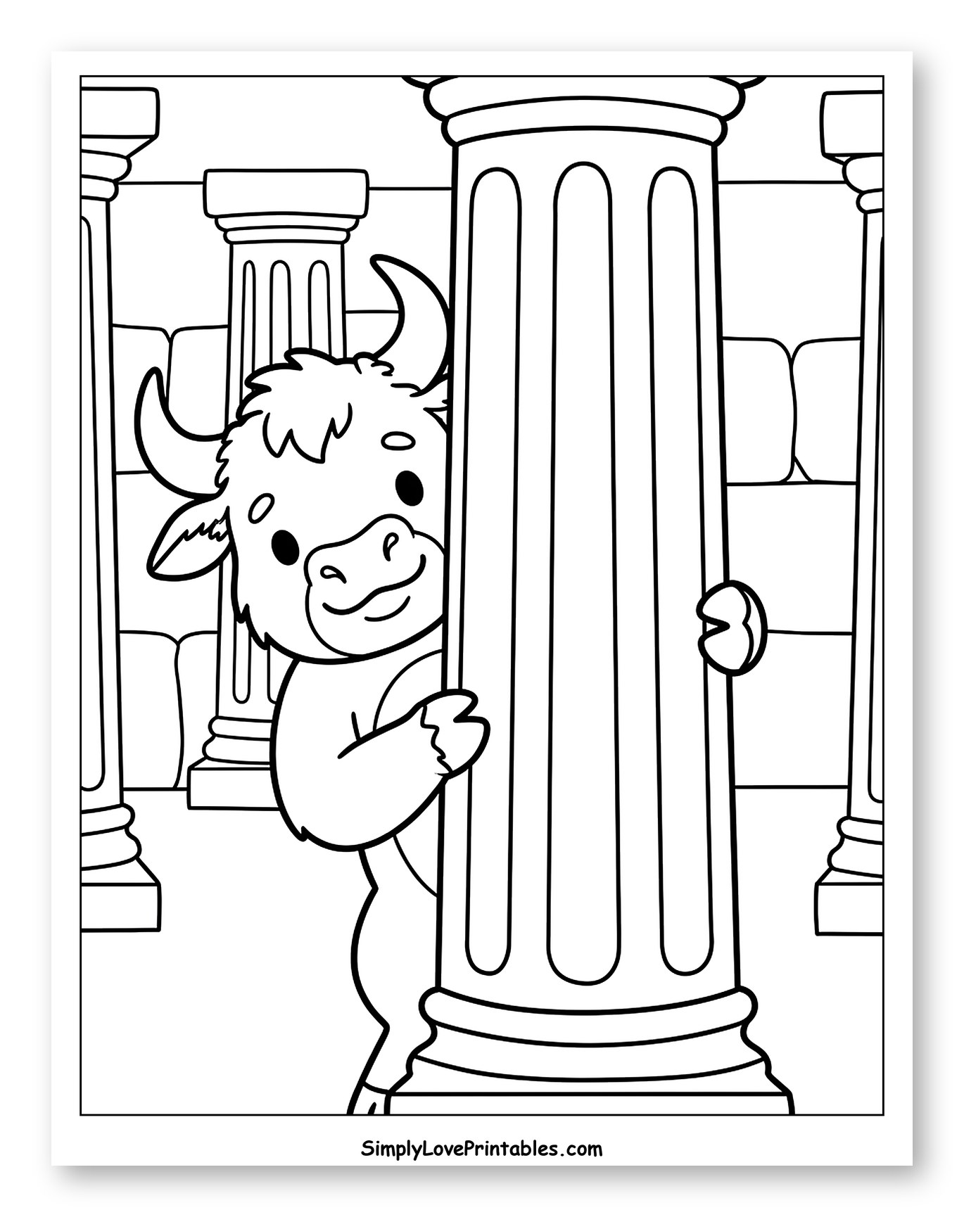 Adorable Minotaur Peeking from Behind Stone Column