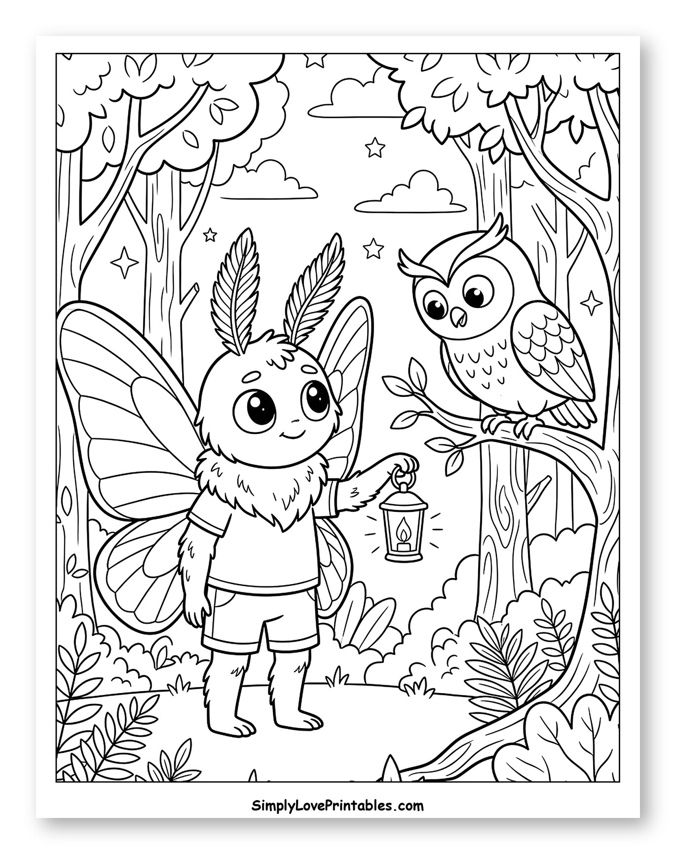 Adorable Moth Child and Owl Under Stars to Color for Kids